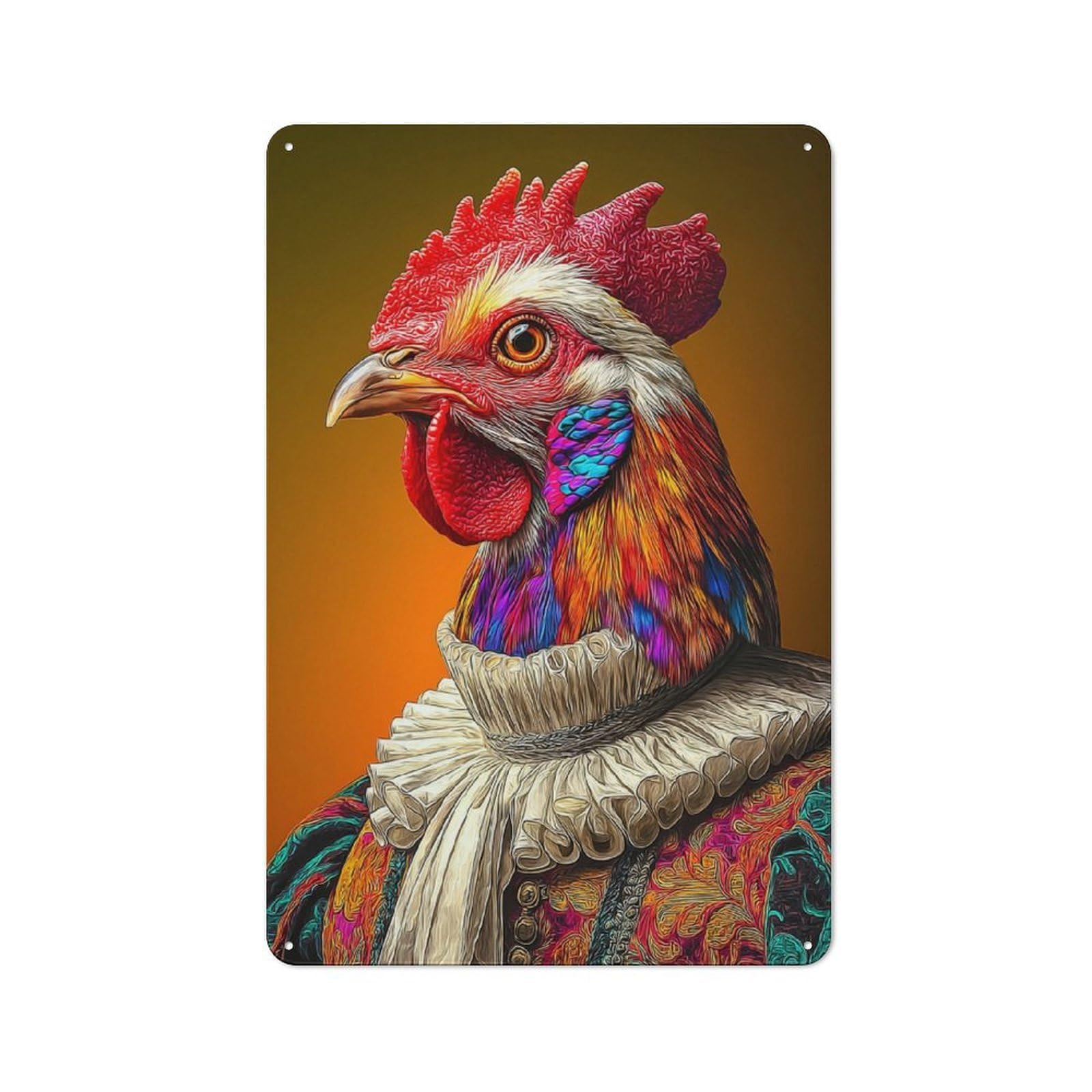 Junmoney Colorful Rooster In Historical Attire Metal Sign 30X20cm With For Workshop Wall, Rustic Decor, Wall Decoration For Workshops And Hobby Rooms