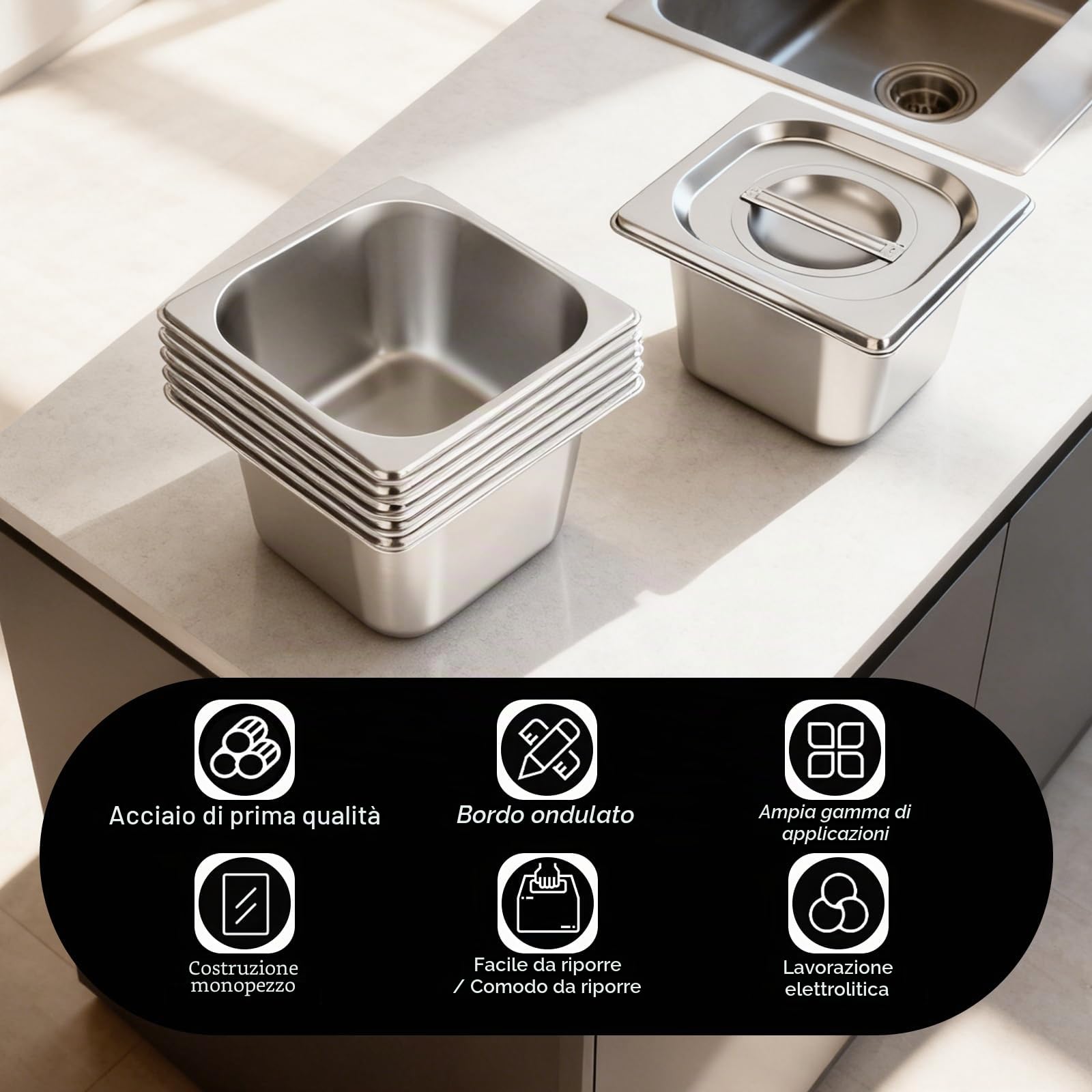 Contenitore GN 1/6, Set da 6 Vasche GN 1/6 in Acciaio Inox | Vaschette Inox da 10 cm di Profondità con Coperchio, Contenitori Gastro Impilabili, Bacinelle per Bagnomaria e Conservazione