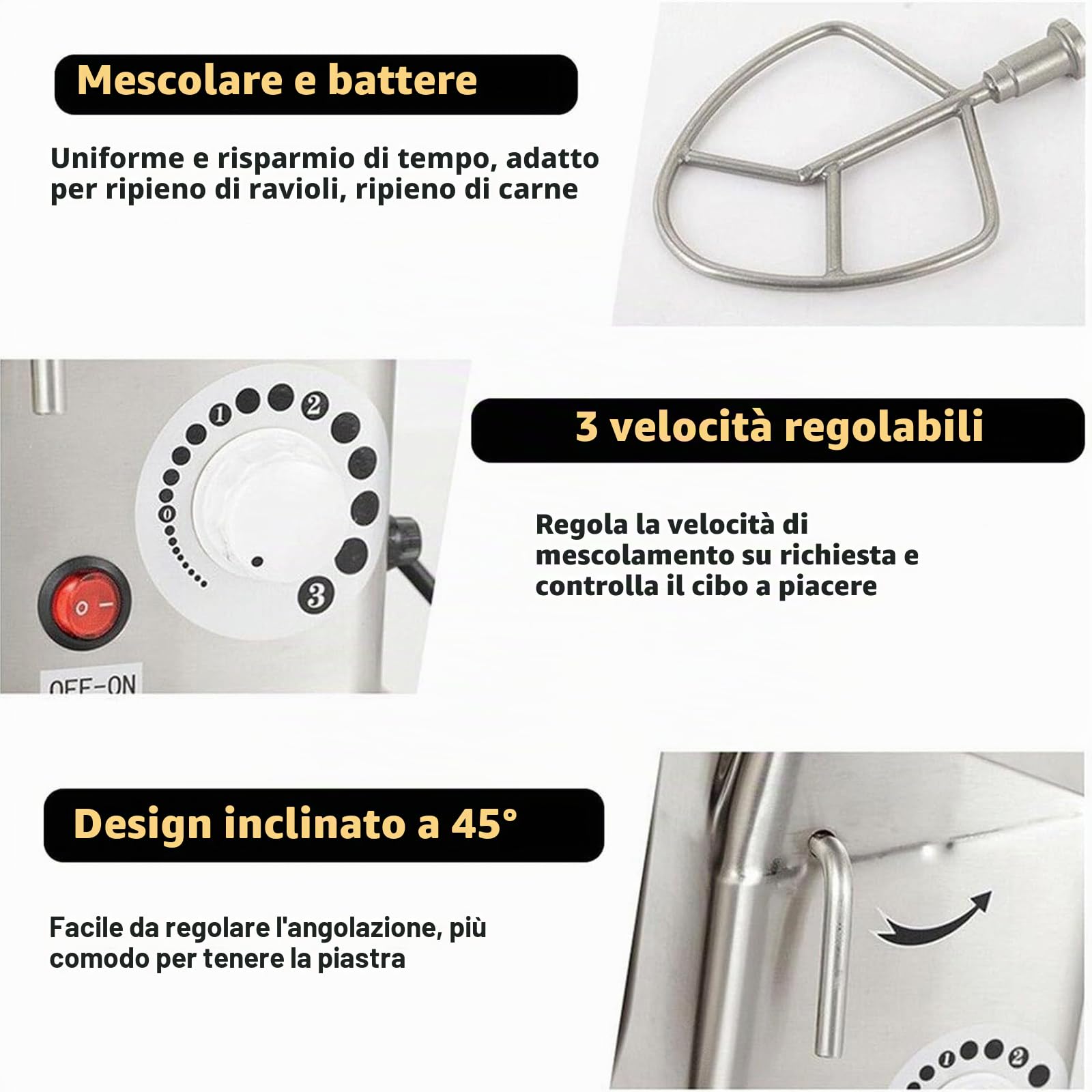 Impastatrice Elettrica da Cucina, Impastatrice a Spirale, Impastatrice per Torte 3 in 1,con Gancio per Impastare, Frusta, Frusta e Ciotola per Panificio Pizzeria Ristorante,Silver-5L