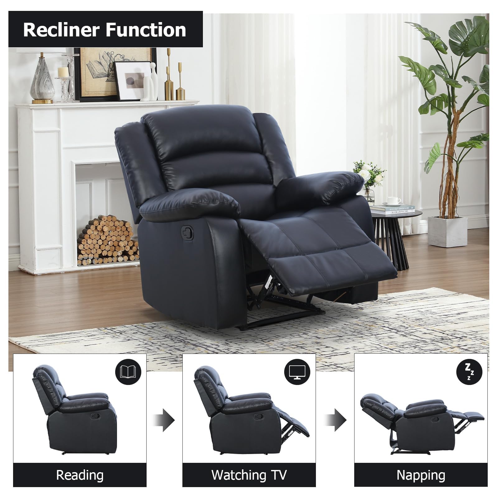EBELLO Faux Leather Manual Recliner Sofa, Overstuffed Comfortable Armrest 3 Seat Sofa, Reclining Couches for Living Room, Bedroom Furniture, Meeting Room, Black view 4