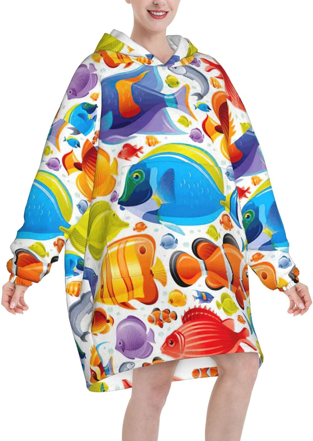 Cartoon Fishprint Oversized Hoodie Blanket, Super Soft Warm Comfortable Hoodie, Wearable Blanket Adult