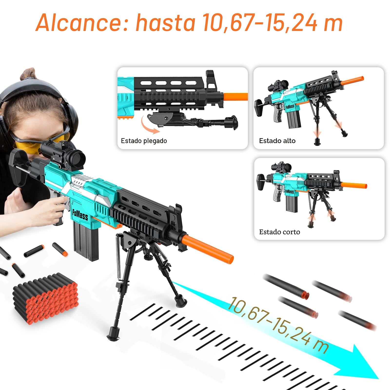 Pistola de Juguete eléctrica para niños, 3 Modos, 50 pies, 2 revistas, 100 Dardos, Recargable, 6 años en adelante, niños