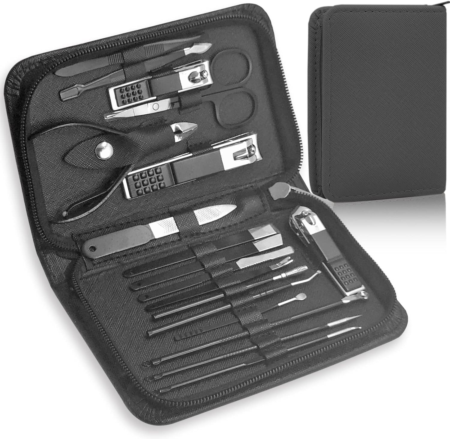 Manicure Pedicure Set -18 stks | RVS Professionele Manicure Pedicure Kit Nail Clipper Set Voor Mannen Vrouwen | Nagelknippers Schaar Grooming Kit Met Pu Lederen Zip Case Voor Reizen (Zwart)