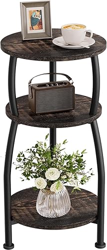 Miniatura 15 de Mesa auxiliar redonda pequeña, mesa auxiliar de 3 niveles con estante de almacenamiento, mesa de sofá delgada, mesa de café, mesita de noche Marrón