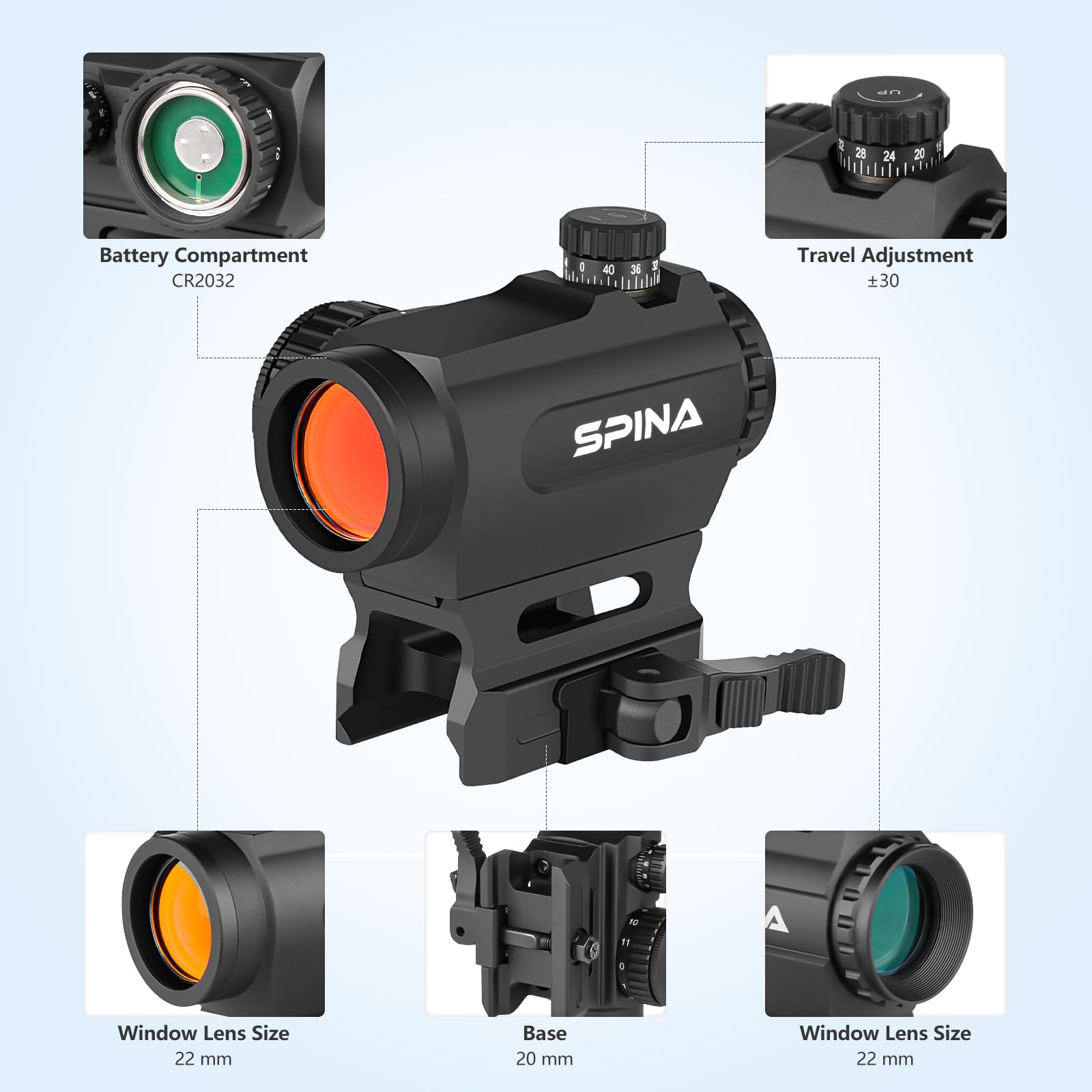 SPINA OPTICS Viseur Point Rouge Red Dot 1x20mm Viseur Airsoft 2 MOA Réflecteur avec Maille de Points et 11 Niveaux de Luminosité avec Monture qd