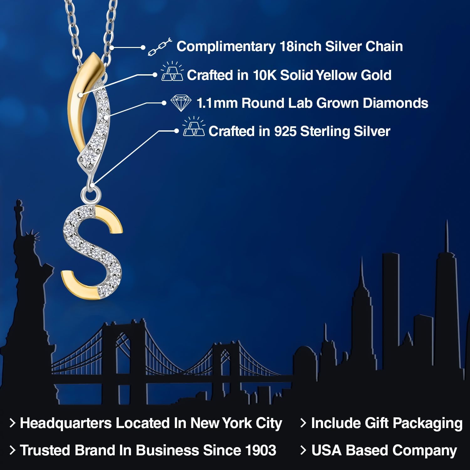 Gem Stone King Initial Pendant Necklace Letter A to Z Alphabet | 10K Yellow Gold and 925 Sterling Silver | White Lab Grown Diamond | Gift Women Mother's Day Wife Mom Girlfriend Anniversary Birthday |