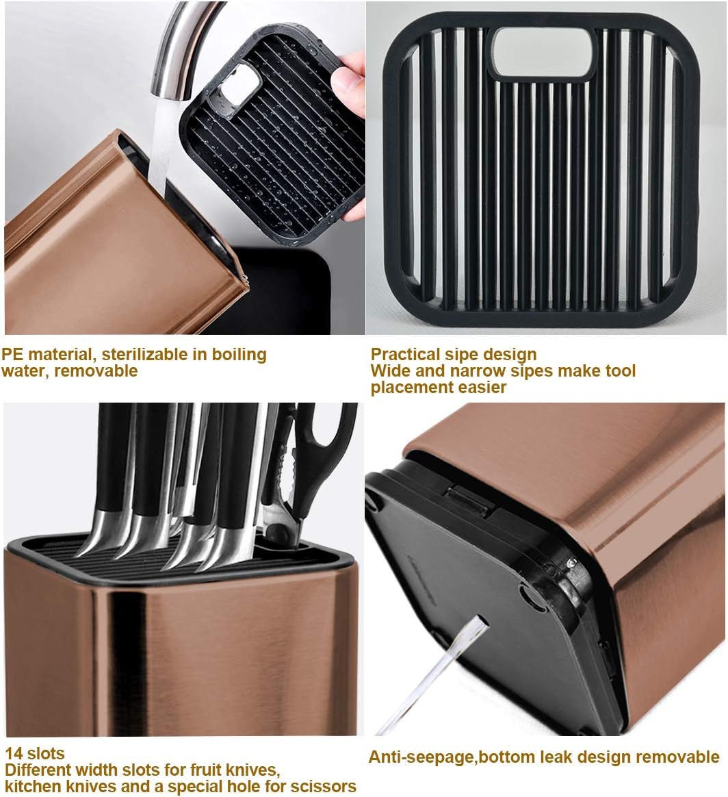 Rose Gold Stainless Steel Universal Knife Block Holder with Slots for Scissors or Sharpening Rod, Space Saver Knife Storage, Detachable for Easy Cleaning, Square Knife Holder For Safe