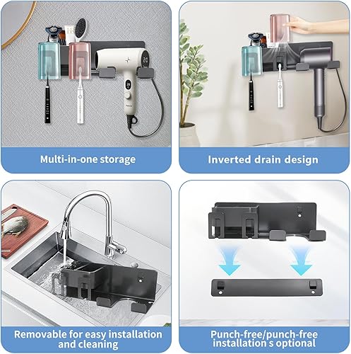 Miniatura 4 de Soporte para secador de pelo, adhesivo para montaje en pared, organizador de almacenamiento para secador de pelo con 2 soportes para cepillos de