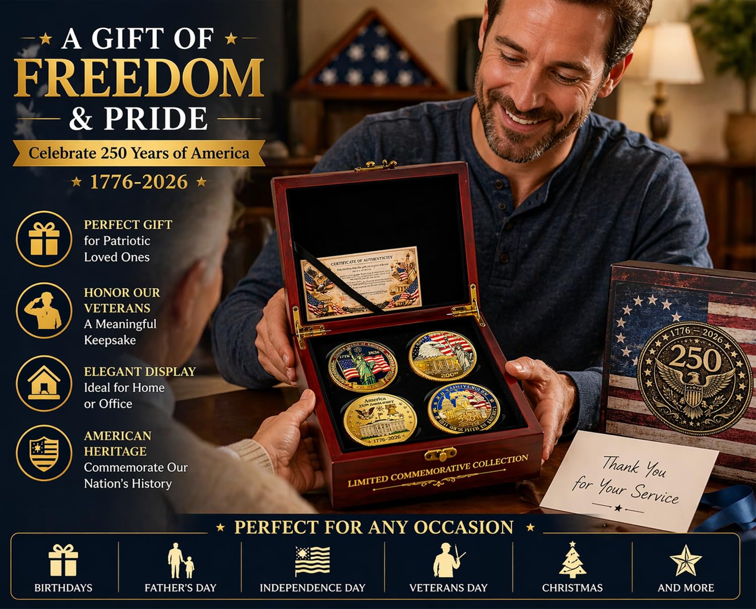 Juego de monedas de 250 aniversario de Estados Unidos (1776-2026) – 4 monedas de desafío patriótico con caja de madera y tarjeta, coleccionable conmemorativo del 250 de Estados Unidos, regalo de