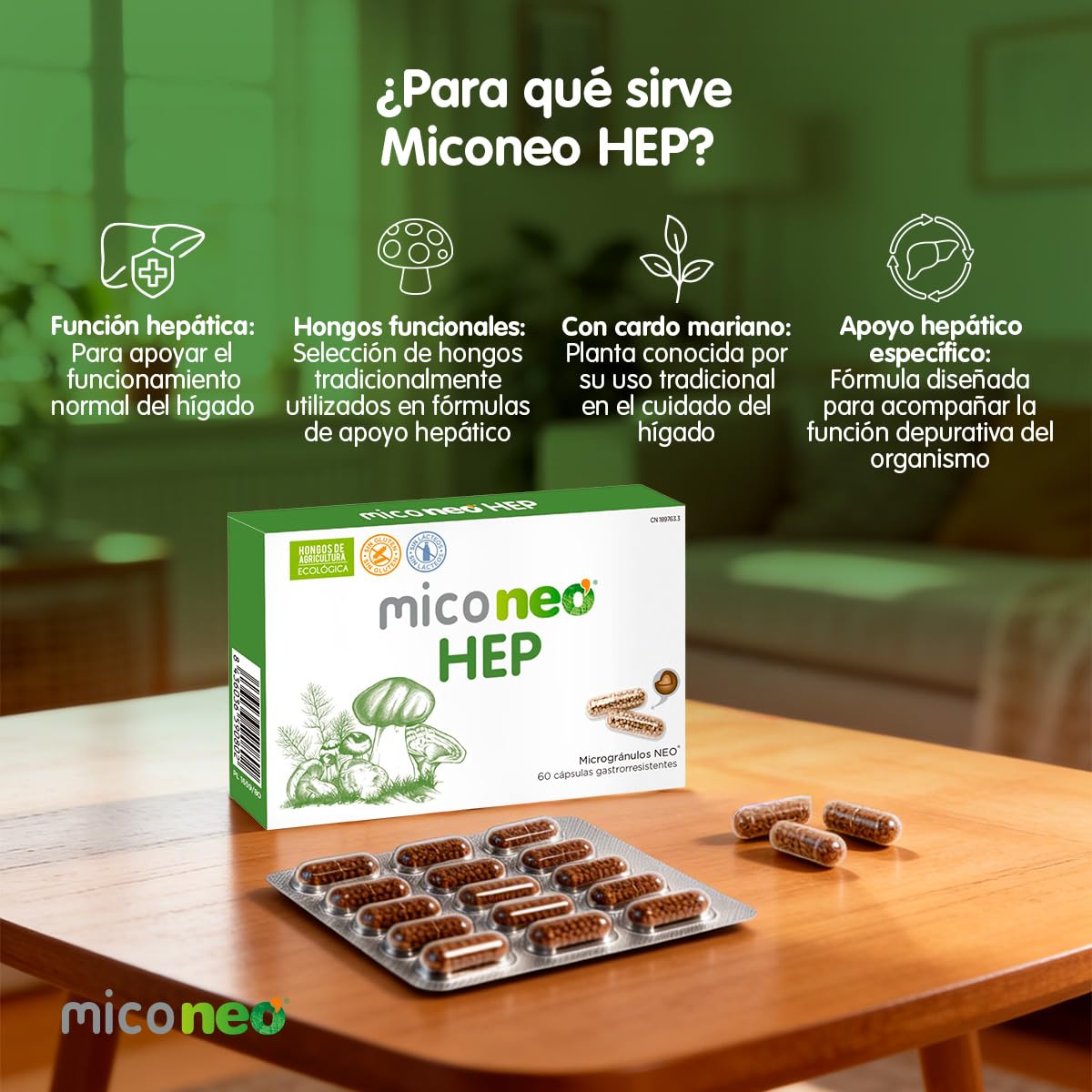 Mico NEO | HEP | 60 Cápsulas | Con Cardo Mariano, Reishi, Cordyceps, Shiitake y Polyporus | Suplemento Elaborado con Hongos