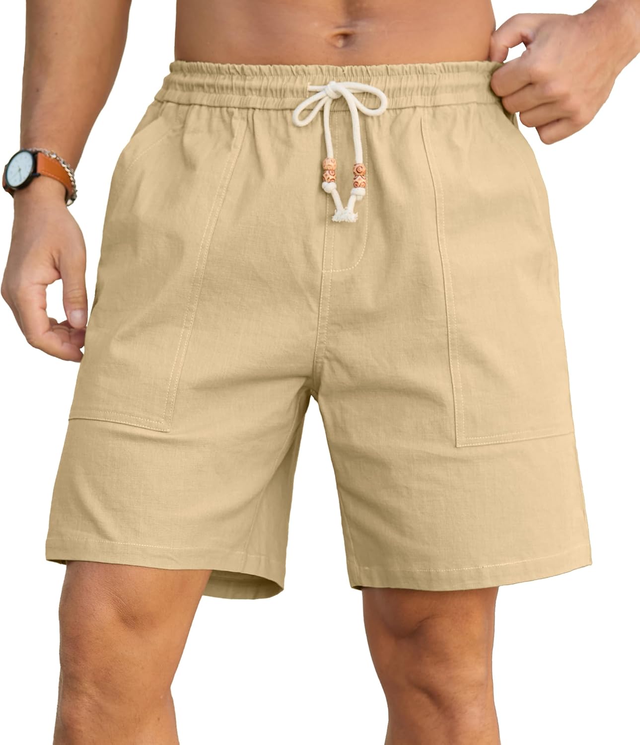 Sailwind Men's Linen Cotton Shorts 7" Elastic Waist Drawstring Casual Summer Beach Shorts - Image 6