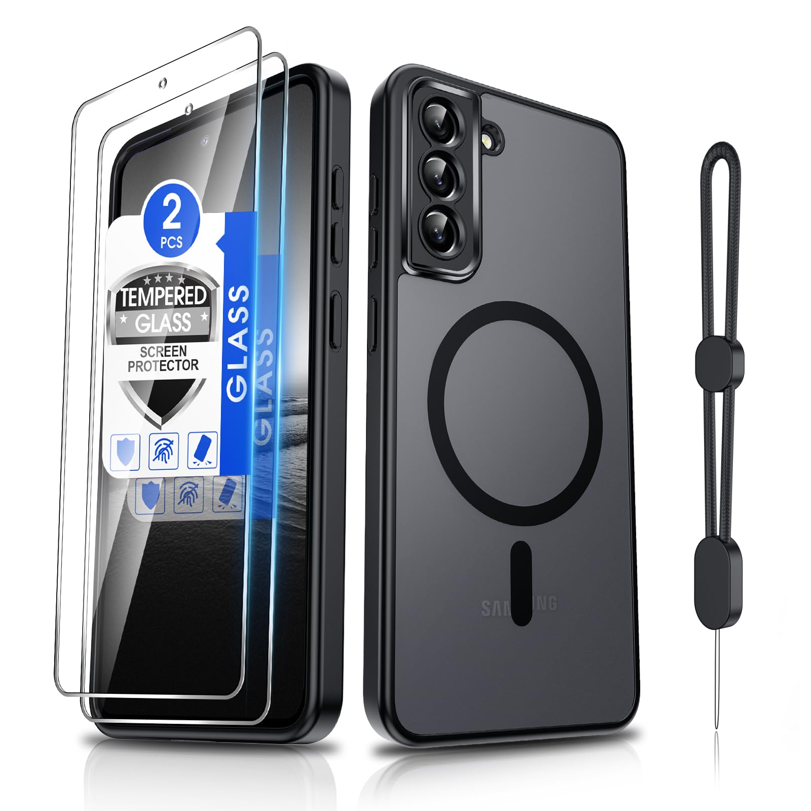 Dizn for Samsung Galaxy S21 FE Phone Case:[𝐍𝐨𝐭 𝐅𝐢𝐭 𝐒𝟐𝟏][Compatible with MagSafe] with Tempered Screen Protector,Slim Cover,with Strap &amp; Military Lens Protector S 21FE,Funda para S21FE,Black