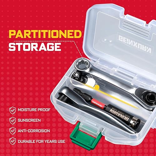 Miniatura 9 de Juego de 4 mini llaves de trinquete y soporte para brocas, llave de mango de trinquete de 14 pulgadas, llave de enchufe reversible de liberación