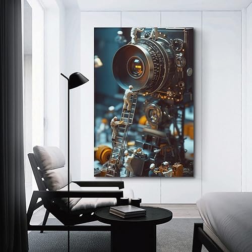 Miniatura 3 de Little Scientist limpia y repara meticulosamente una enorme cámara de película vintage. Póster de lienzo de realismo de tecnología retro para