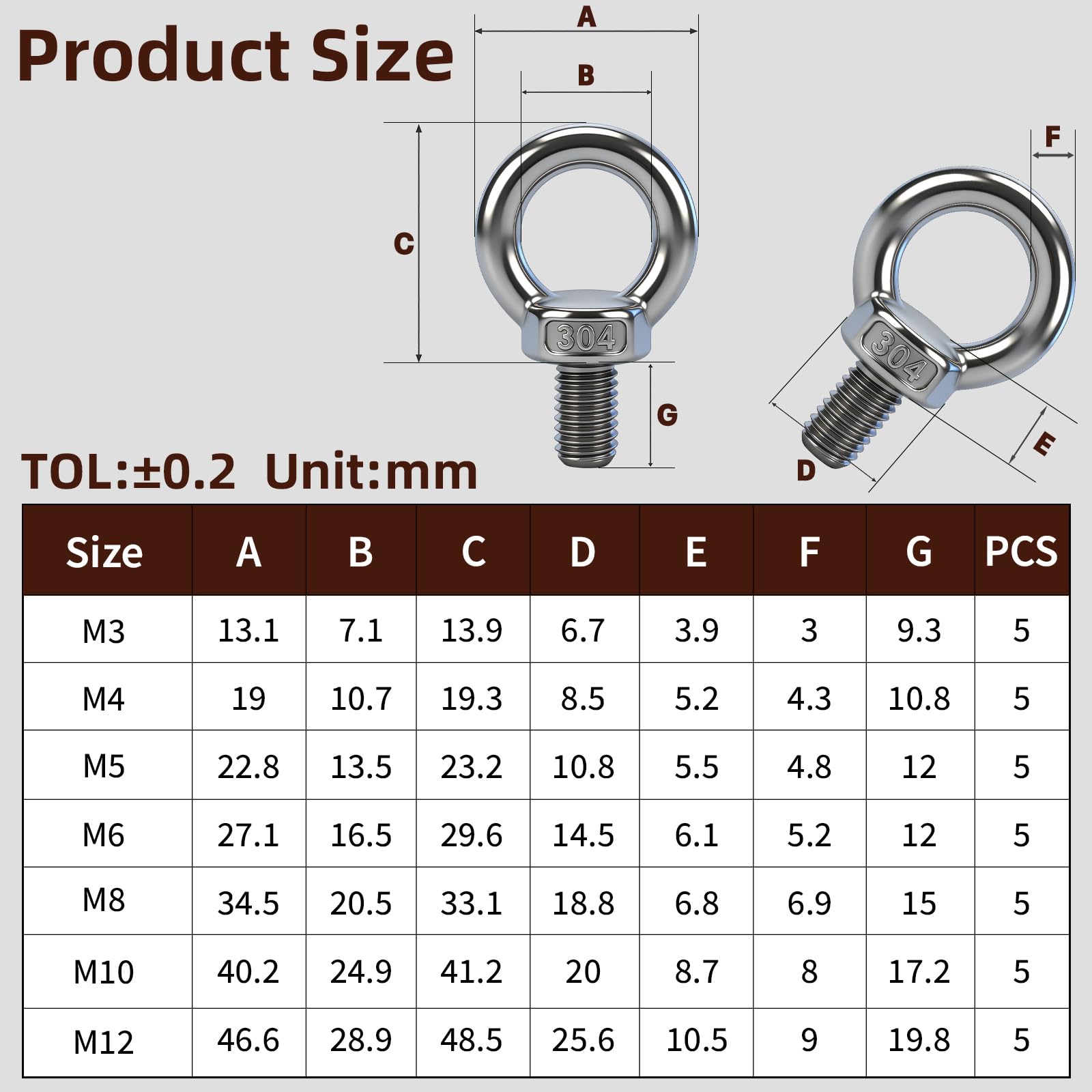 5 Pezzi Bulloni ad Occhiello M10 in Acciaio Inossidabile A2 V2A 304,Bullone ad Anello Filettato Maschio,Bulloni ad Occhio per Fissaggio,Sospensione,Vasi da Fiori