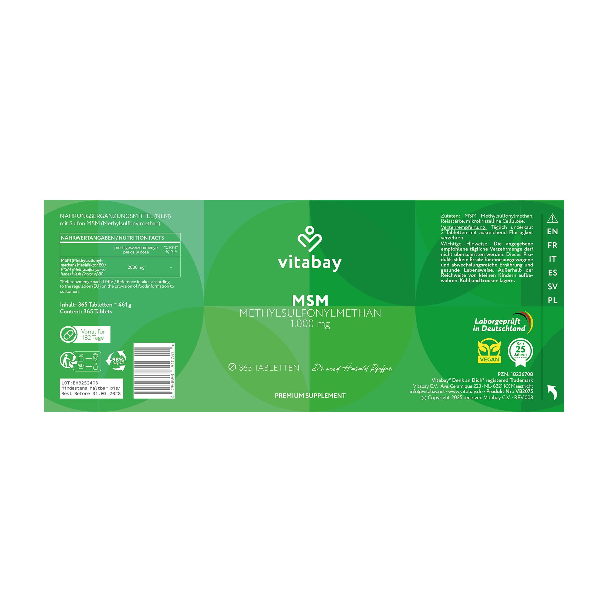 Vitabay MSM Tabletten Hochdosiert - 365 MSM Tabletten Hochdosiert Vegan - Pulver 2000 pro Tagesdosis - Schwefel Gelenkskapseln - Pflanzliche Kapseln 2000