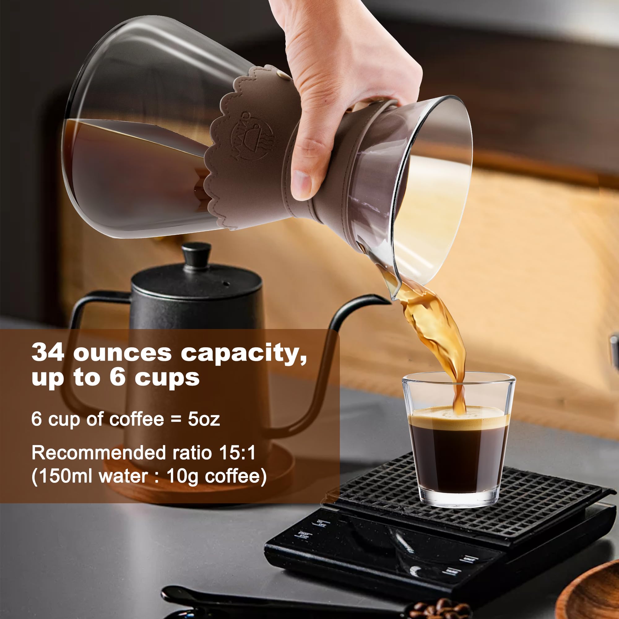 YMMIND Cafetera de 34 onzas con filtro de acero inoxidable de doble capa, gotero de vidrio de borosilicato, almohadilla de cuero desmontable resistente al calor para 7-8 tazas (marrón oscuro)