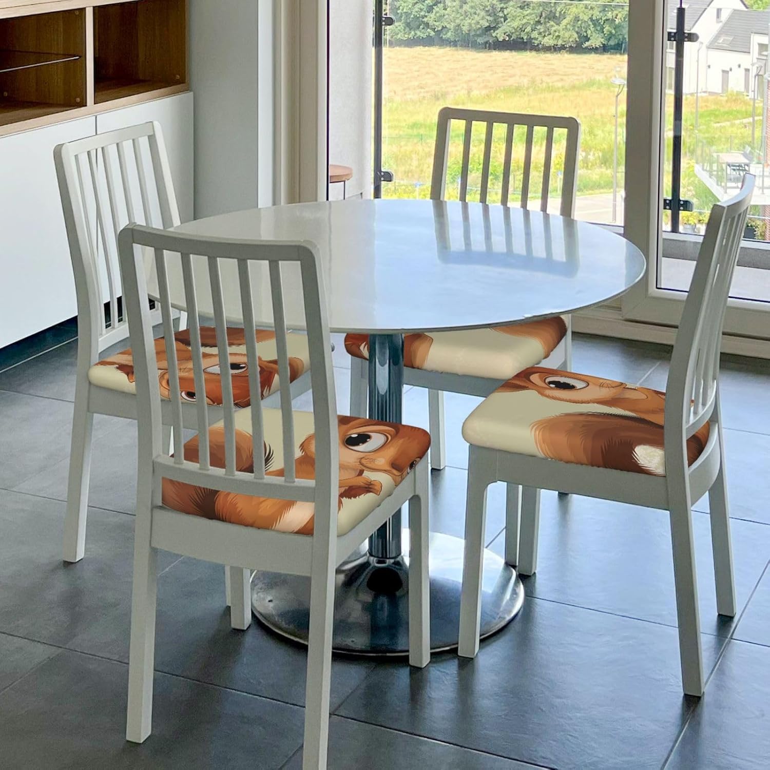 Cartoon Cute Squirrel Art Print Square Cushion Covers 6 Pcs Set Elastic Non-Slip Seat Cushion Slipcovers Pet Furniture Protectors for Chair, Sofa