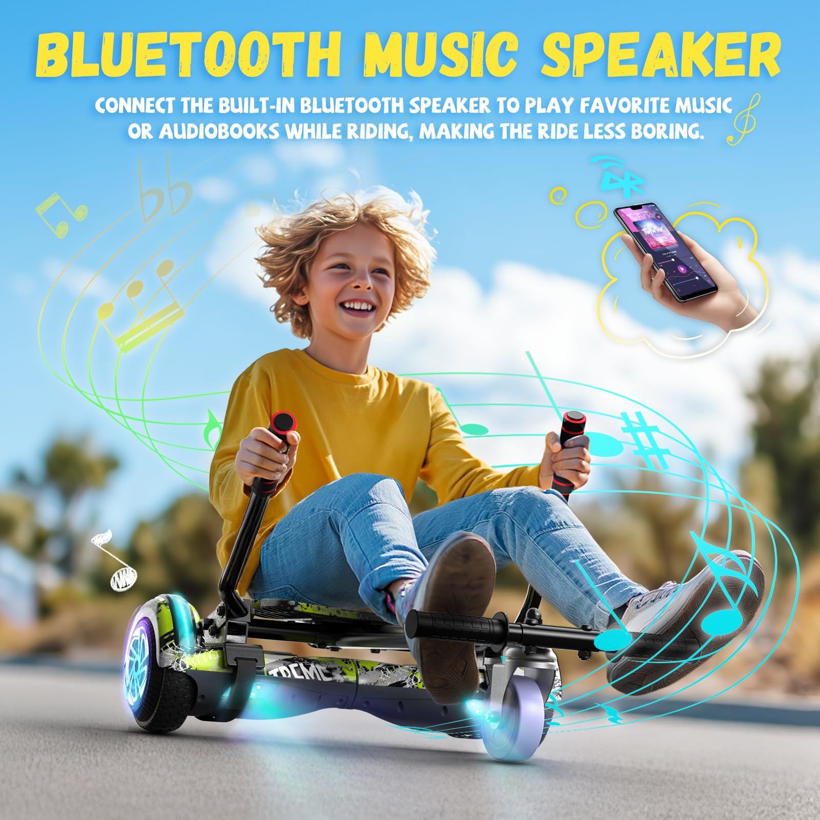 Trottinette avec siège réglable, Hoverboard auto-équilibré à deux roues de 6,5 pouces, avec haut-parleurs Bluetooth et lumières LED tendance