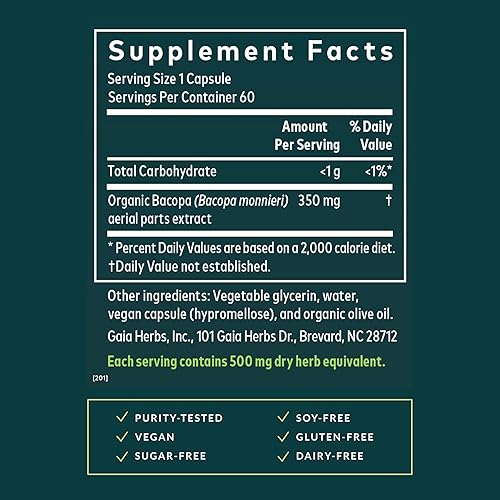 Miniatura 3 de Gaia Herbs Bacopa - Suplemento de hierbas de apoyo cerebral y cognitivo - Hecho con Bacopa Monnieri para ayudar a mantener una mente próspera* - 60