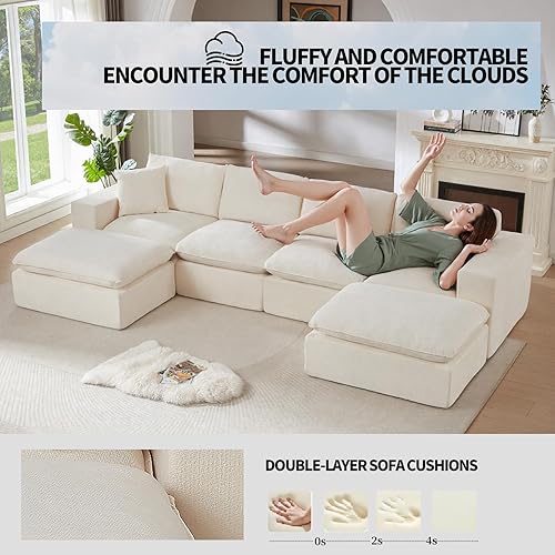 Miniatura 5 de Sofá modular Cloud de 138 pulgadas, cómodo sofá de felpilla en forma de U para sala de estar (blanco, en forma de U, 4 plazas + 2 otomanos)