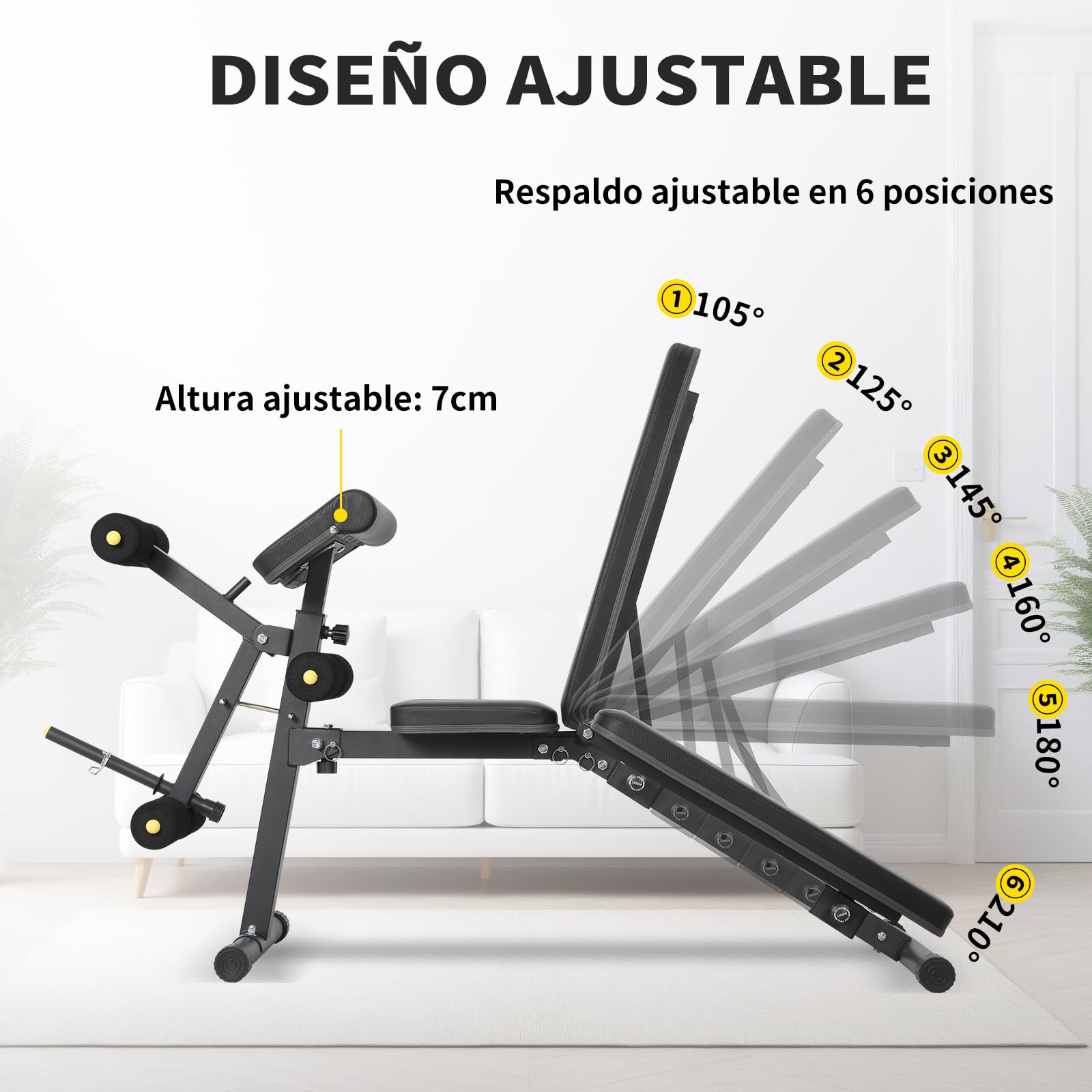 Banco Musculación Multifuncional con Respaldo Reclinable de 6 Posiciones, Banco De Pesas con cojín de predicador, Banco Pesas Plegable con extensión de piernas, Banco Abdominales,Banco Plano