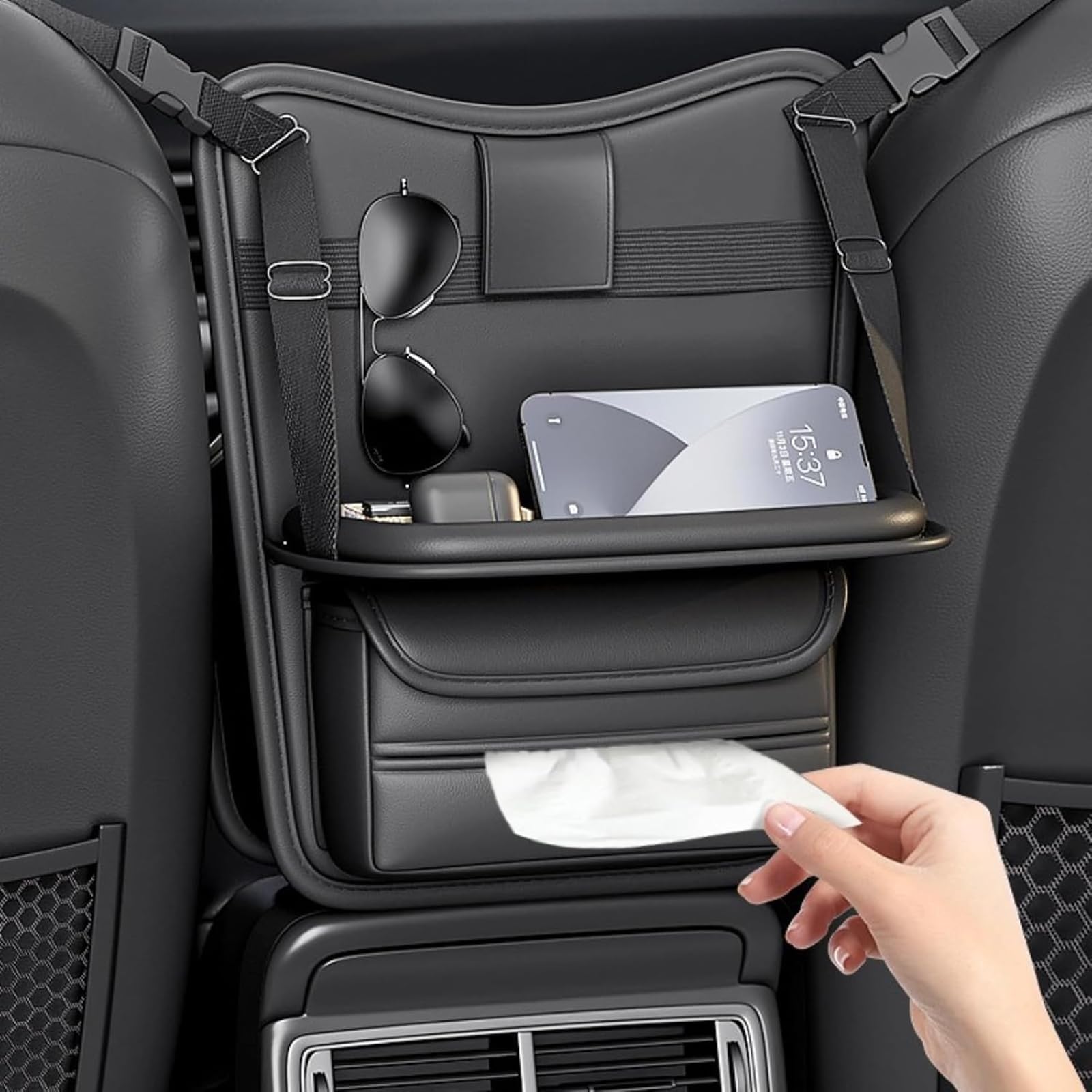 Generisch Auto-Organizer Zwischen für Jaguar F-Pace 2019-2024, Leder Hängende Aufbewahrungstasche mit klappbarer Ablage, Handtaschenhalter für Dokumente Telefon Snacks