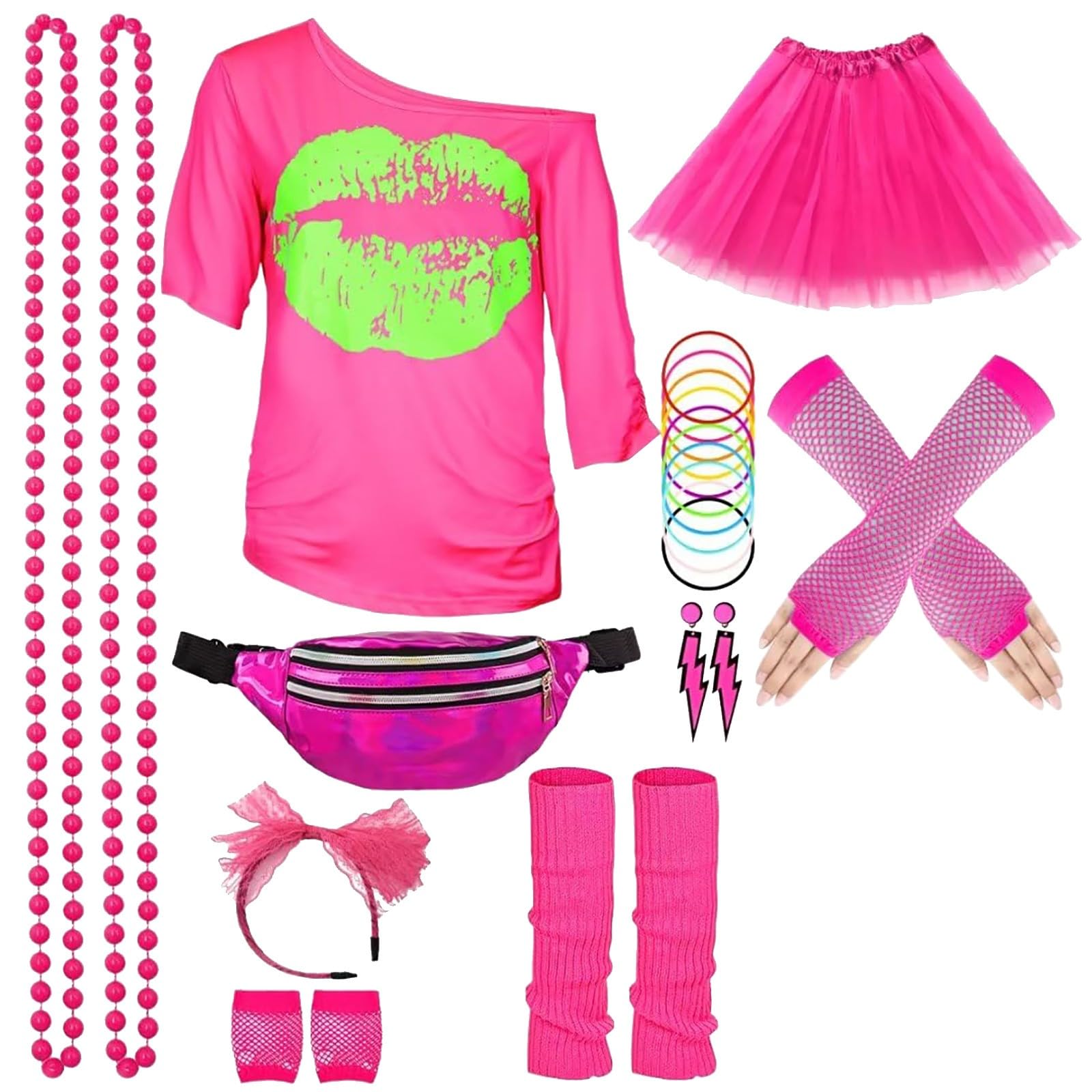 8 Pcs 80s Fancy Dress for Women, Ladies 80s Accessories, Tops,Necklace, Earrings, Hair Hoop, Sleeve Covers, Skirt, Leg Warmers, Bracelet for Retro Theme Parties (Hot Pink, L)