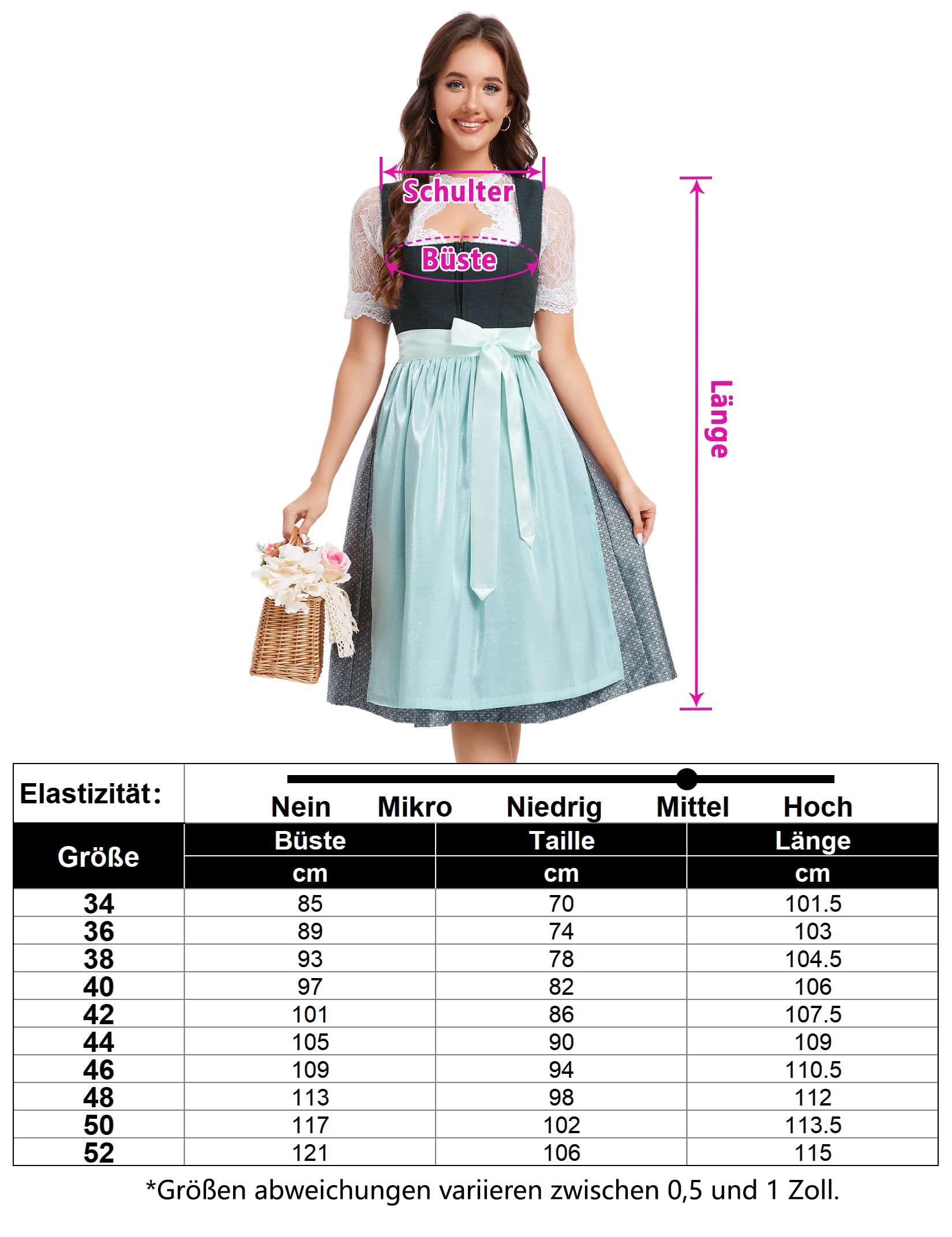 YesFashion Dirndl Damen Midi Trachtenkleid Jacquar Trachtenmode Dirndlkleid inkl. Dirndlbluse Dirndlschürze 3 teilig für Oktoberfest Besondere Anlässe