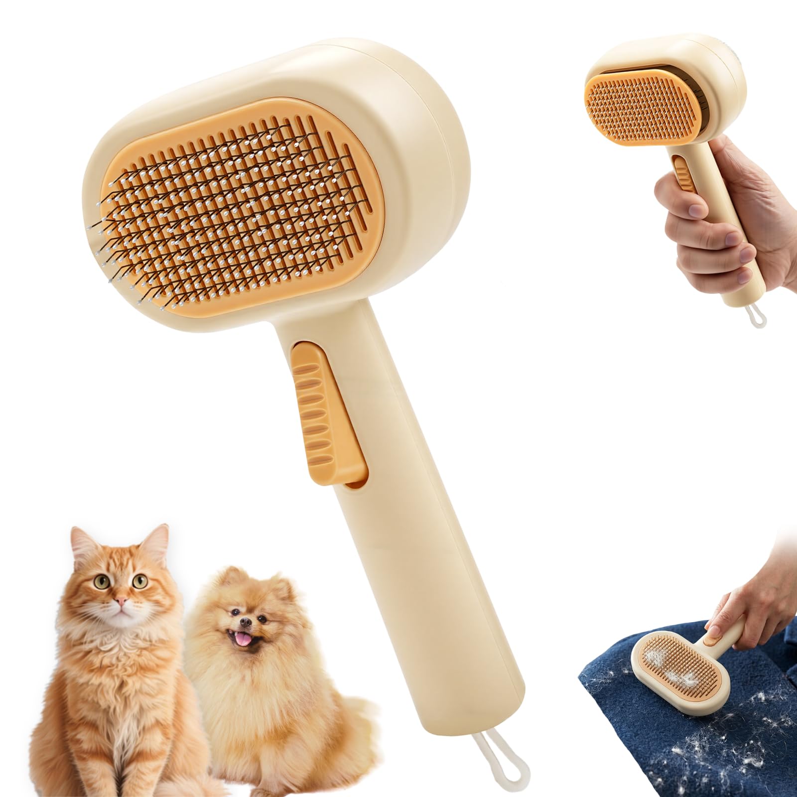 Rankomu 2-in-1 Self Cleaning Cat & Dog Grooming Brush, Slicker Brush with Cleaning Button & Anti-Static Hair Remover, 60° Angled Pins for Massage & Detangle, for Long & Short Hair