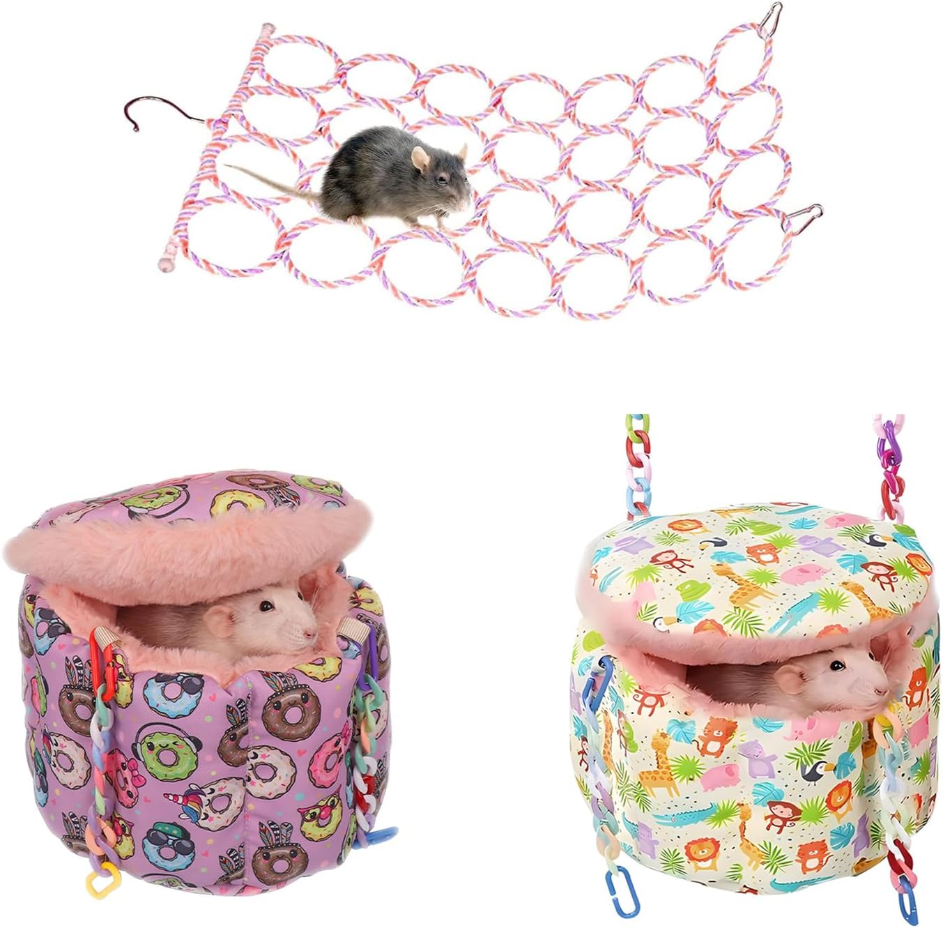 1Pcs Rat Climbing Rope Net Toy for Cage, Bird Hemp Rope Perch Swing, Ladder Rope Bridge Hanging Hammock & 2Pcs Rat Hammock for Cage, Rat Hanging Bed, Rat Cage Accessories Warm Sleeping Nest Bed