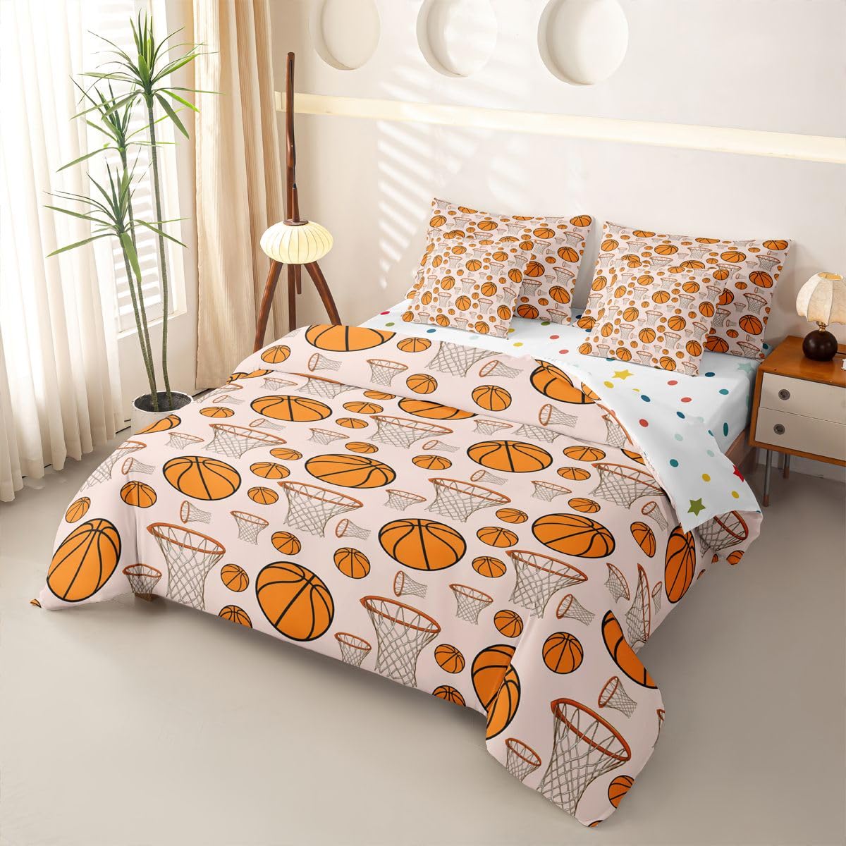 Loussiesd Juego de ropa de cama de 7 piezas con funda de edredón, sábanas, fundas de almohada, fundas de almohada, fundas de cojín, para niños y niñas, tamaño doble, diseño de baloncesto