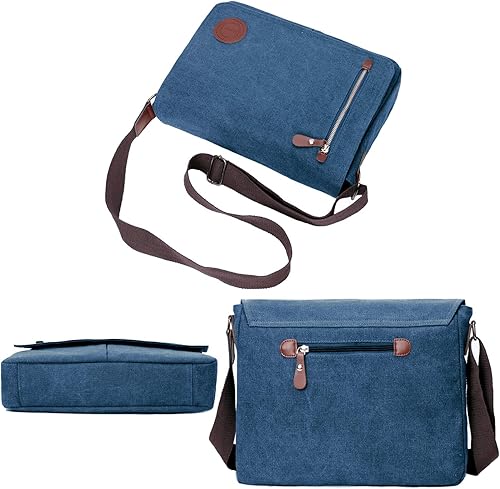 Miniatura 8 de Bolso bandolera de lona vintage para hombres y mujeres, bolsa de hombro de viaje de 13.5 pulgadas, bolsa para laptop, Azul  Patchwork, 13.5 inch