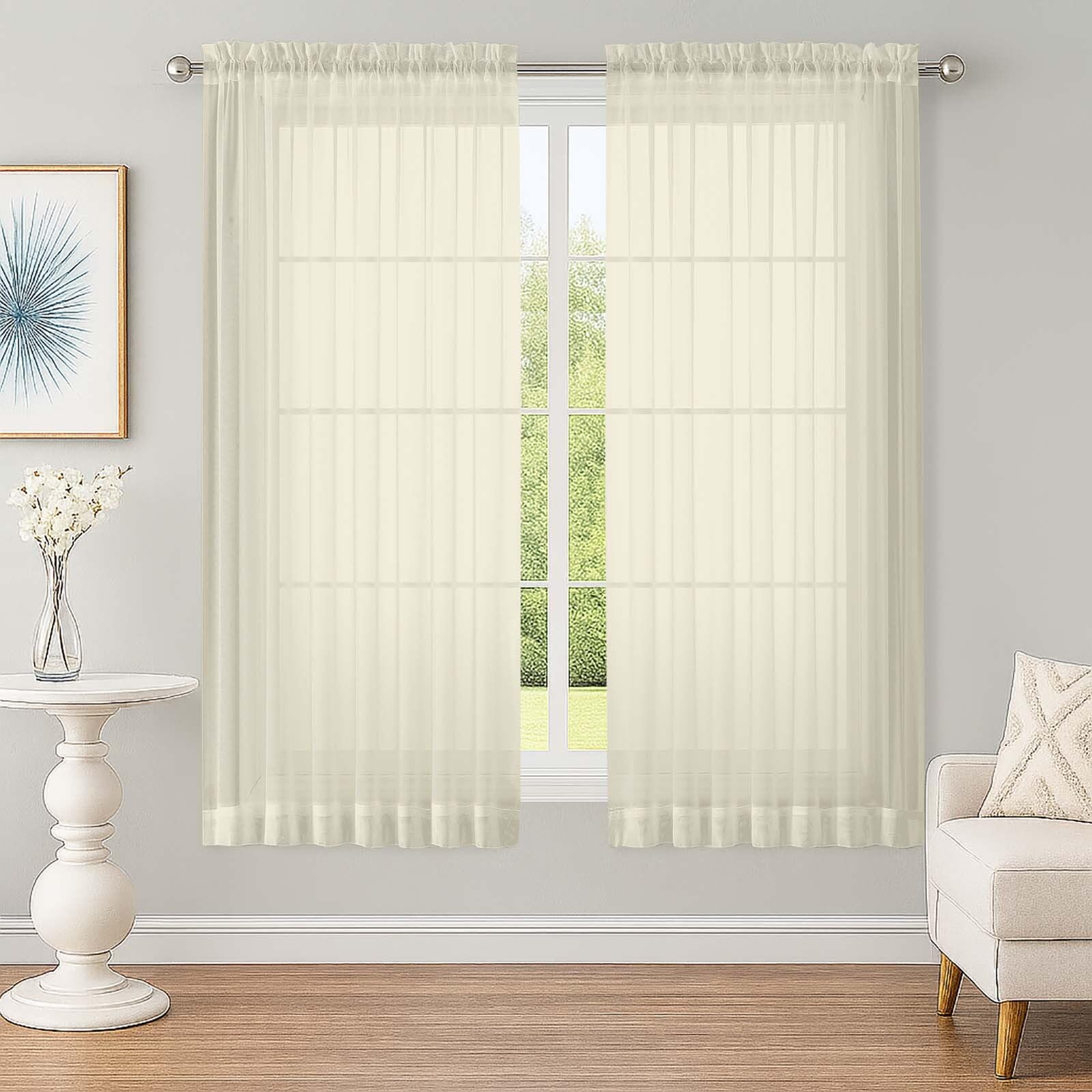 OWENIE Sheer Cream Curtains, Sheer Curtains 63 inch Length 2 Panels Set, Rod Pocket Voile Fimly Sheer Drapes for Living Room Bedroom, 2pcs, Cream, Each 59" W x 63" L
