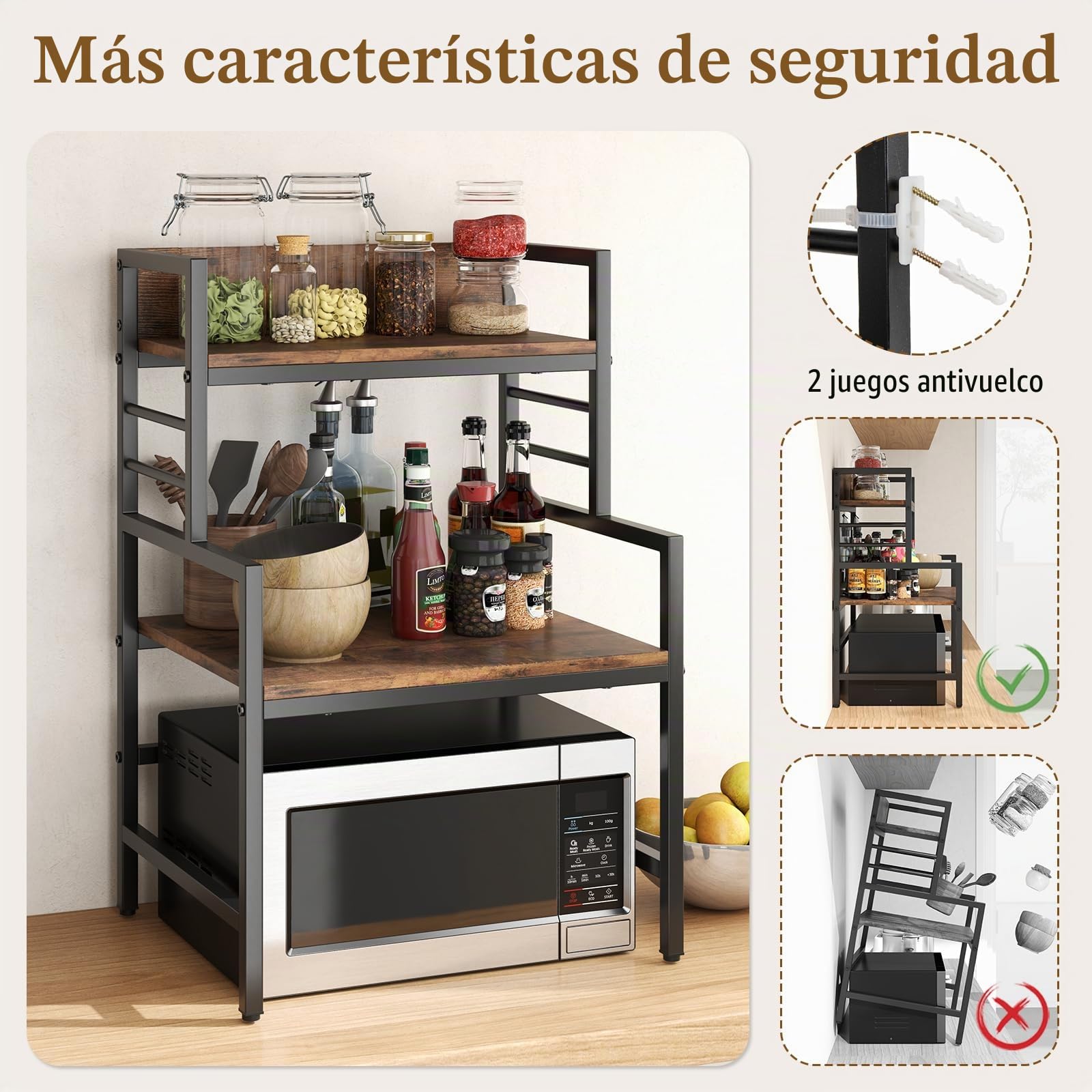 KOMFOTTEU Estante de Cocina de 2 Niveles con Marco de Metal | Soporte de Microondas con Patas Ajustables, Mueble Auxiliar para Cocina y Bar, Carga 50 kg, 52 x 42 x 78 cm, Marrón