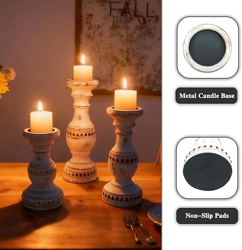 Miniatura 3 de Juego de 3 portavelas para velas de pilar, portavelas de madera maciza de granja, soporte de vela de madera rústica, candelabros de madera pequeños