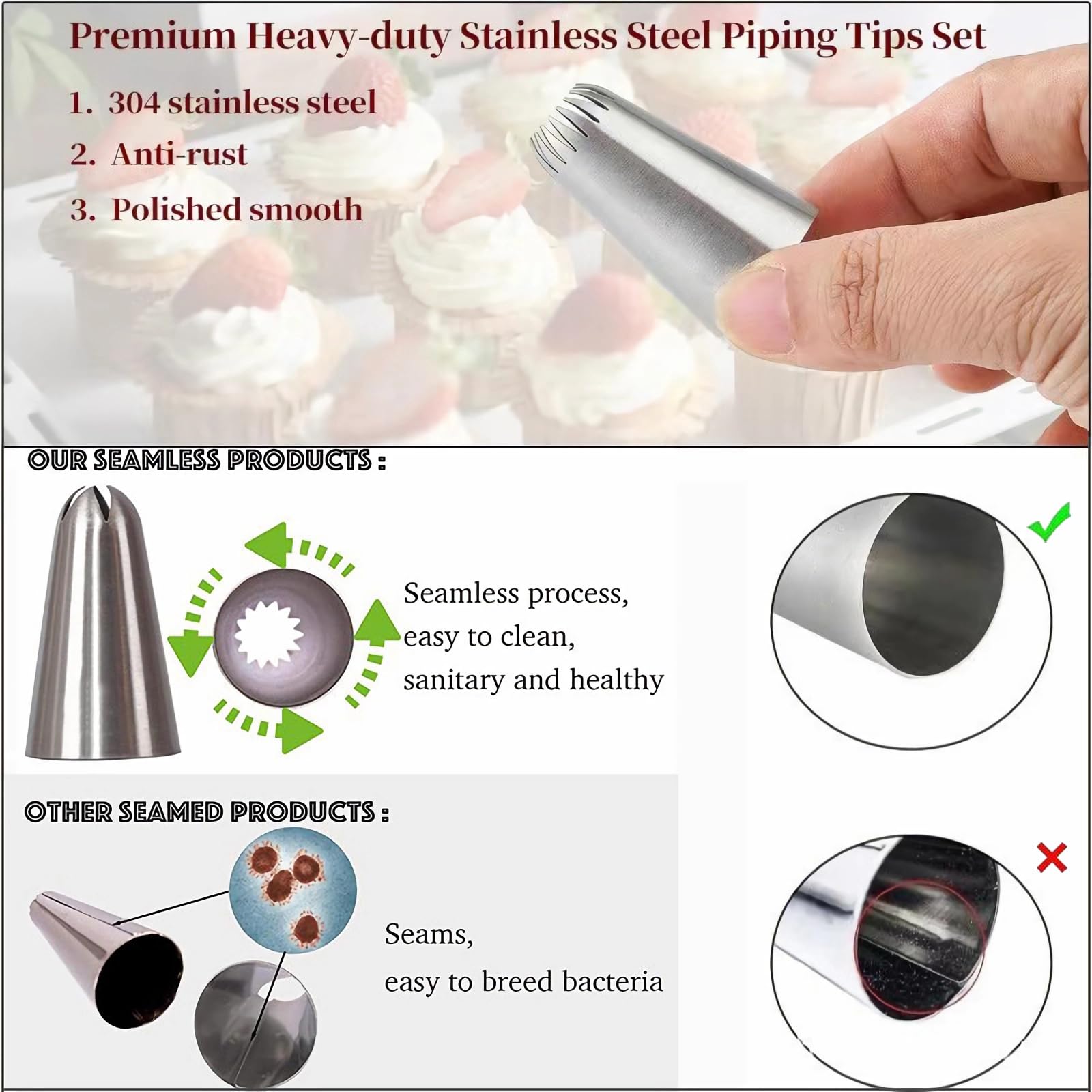 17 puntas de tubería extra grandes, kit de tuberías de acero inoxidable, puntas de pastelería profesionales, bolsas de tuberías reutilizables y decorar la boquilla de glaseado, puntas de 4