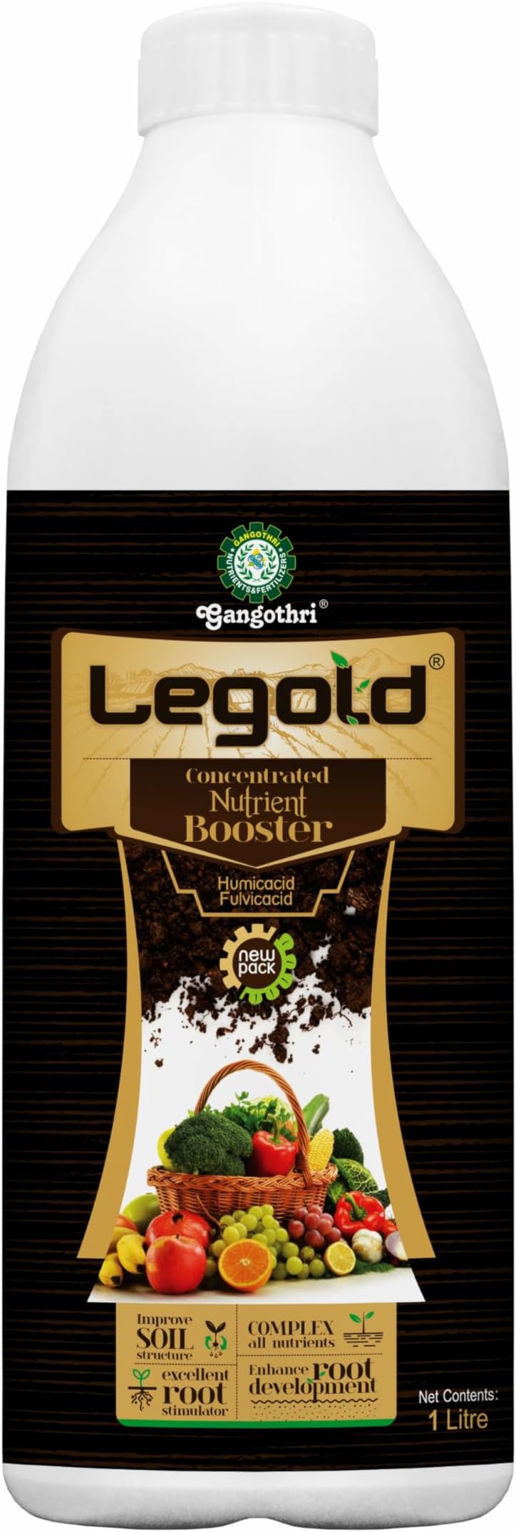 Gangothri LeGold- 1000 ML / 1 liter Humic Acid + Fulvic Acid + Amino Acid Organic Liquid Fertilizer, Soil Conditioner & Root Growth Promoter for plants crops - 100% Water Soluble for Agricultural use