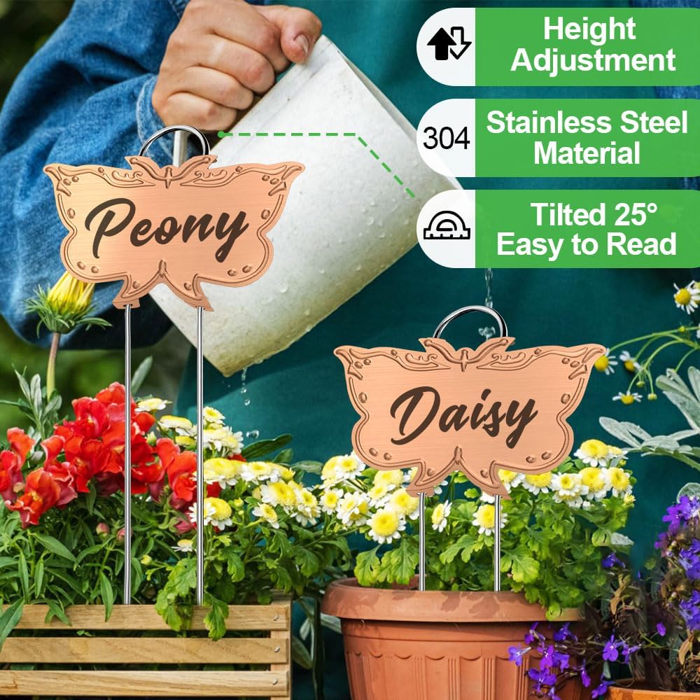 Metal Plant Labels, Tall Outdoor Butterfly Garden Markers for Flowers, Fruits and Vegetables, 304 Stainless Steel Weatherproof Signs (25 Packs, 4" x 2.3", Gold Butterfly Design) - Image 3