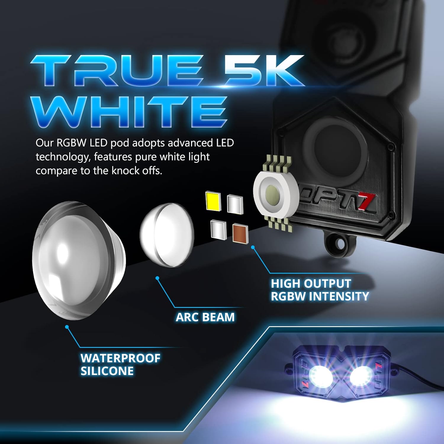 OPT7 Quantum RGBW LED Rock Lights with Remote Control, 8 Pods, IP68 Waterproof for Offroad Truck & 4pc 10ft Extension Wires Two Pair for Quantum - Does Not Connect to Single Color Pods