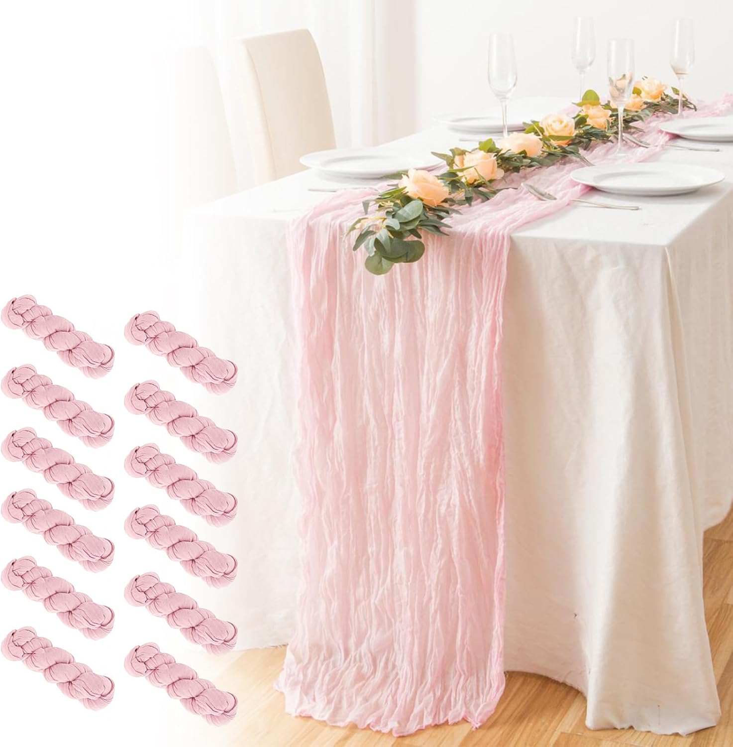 JYFLZQ Pink Cheesecloth Table Runner 35 x 120 Inch 12 Packs 10ft Cheese Cloth Gauze Table Runner Boho Wedding Table Runner Bridal Shower Party Decorations