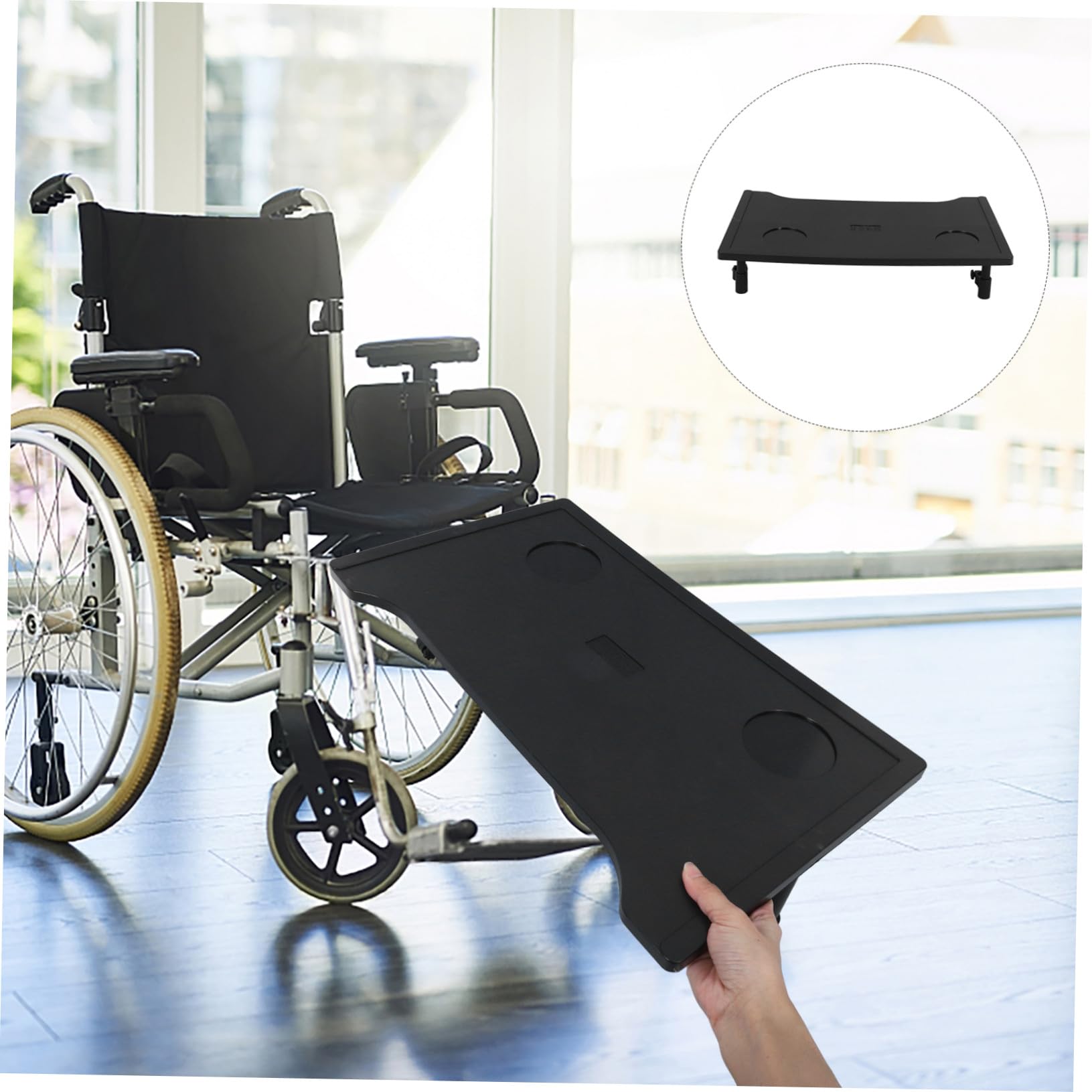 VALICLUD Mesa Portátil Negra para Silla de Ruedas y Scooter de Movilidad con Bandeja Extraíble de Abs, Gran Capacidad de Almacenamiento y Diseño Ligero para Uso en Interiores y Comedor