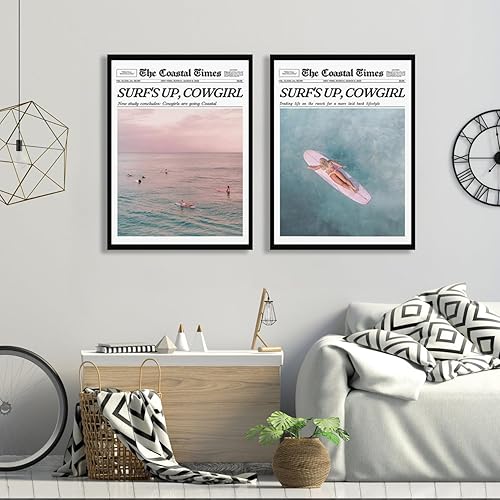 Miniatura 2 de 2 piezas de lienzo de playa rosa de moda, arte de pared, diseño de vaquera costera, decoración estética, póster de tabla de surf occidental,