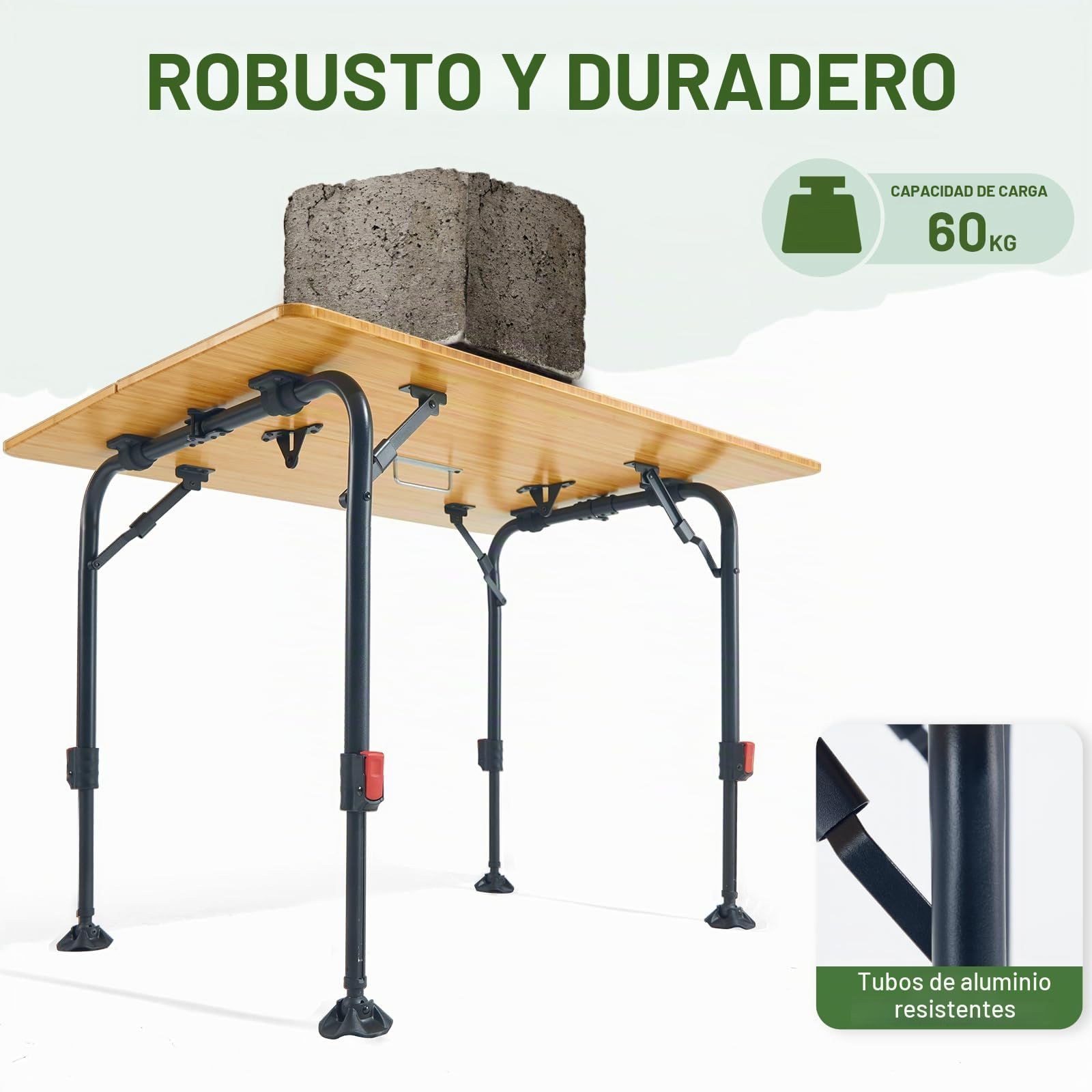 TIMBER RIDGE Mesa de camping plegable de bambú, altura regulable
