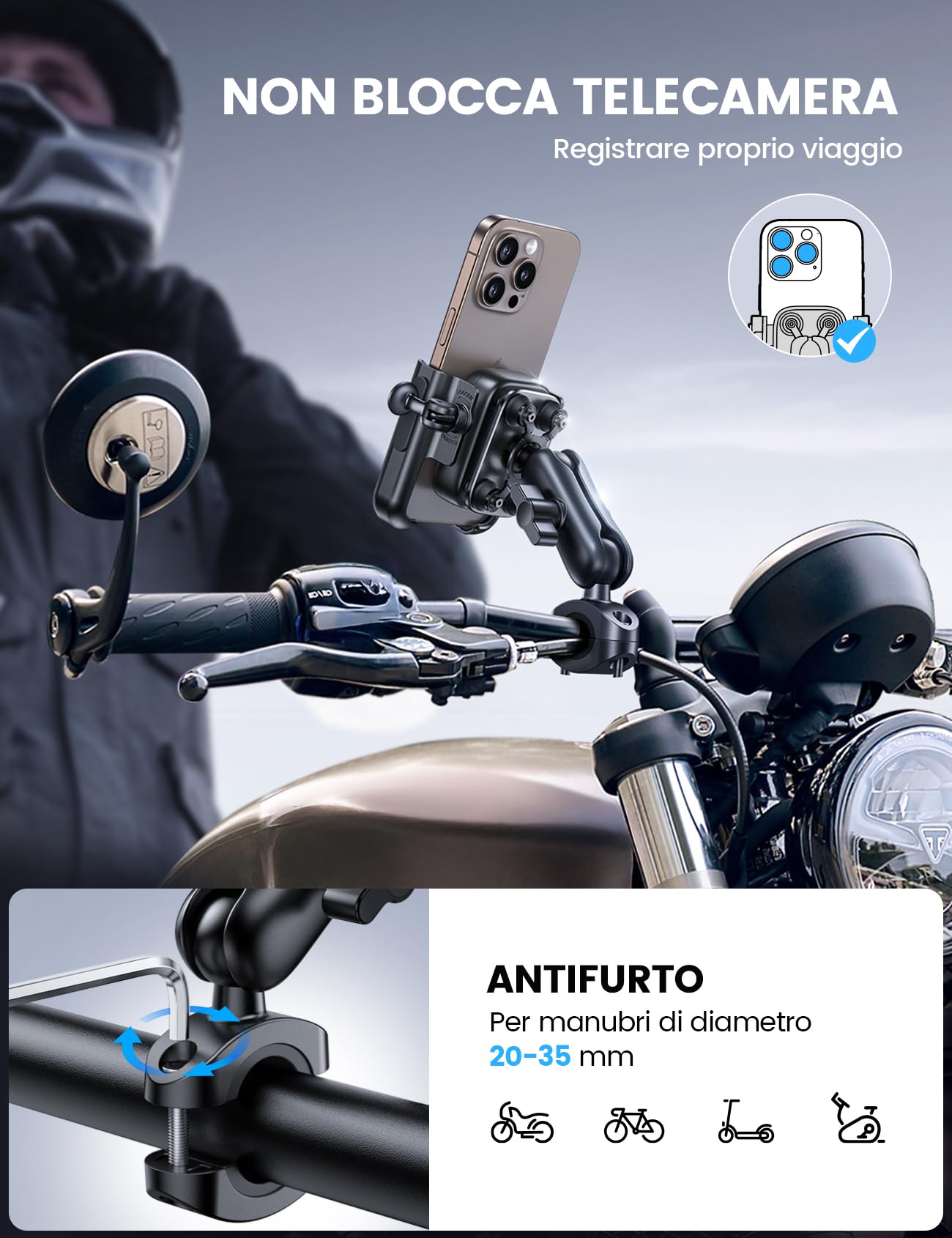 Lamicall Supporto Telefono Moto - [Tutto Metallo] [Antivibrazione] [Braccio Retrattile] Antifurto, 2 x 360° Rotazione, Porta Telefono Bicicletta, per iPhone 17 16 15 14 e Altro Smartphone da 4,7-7,2"