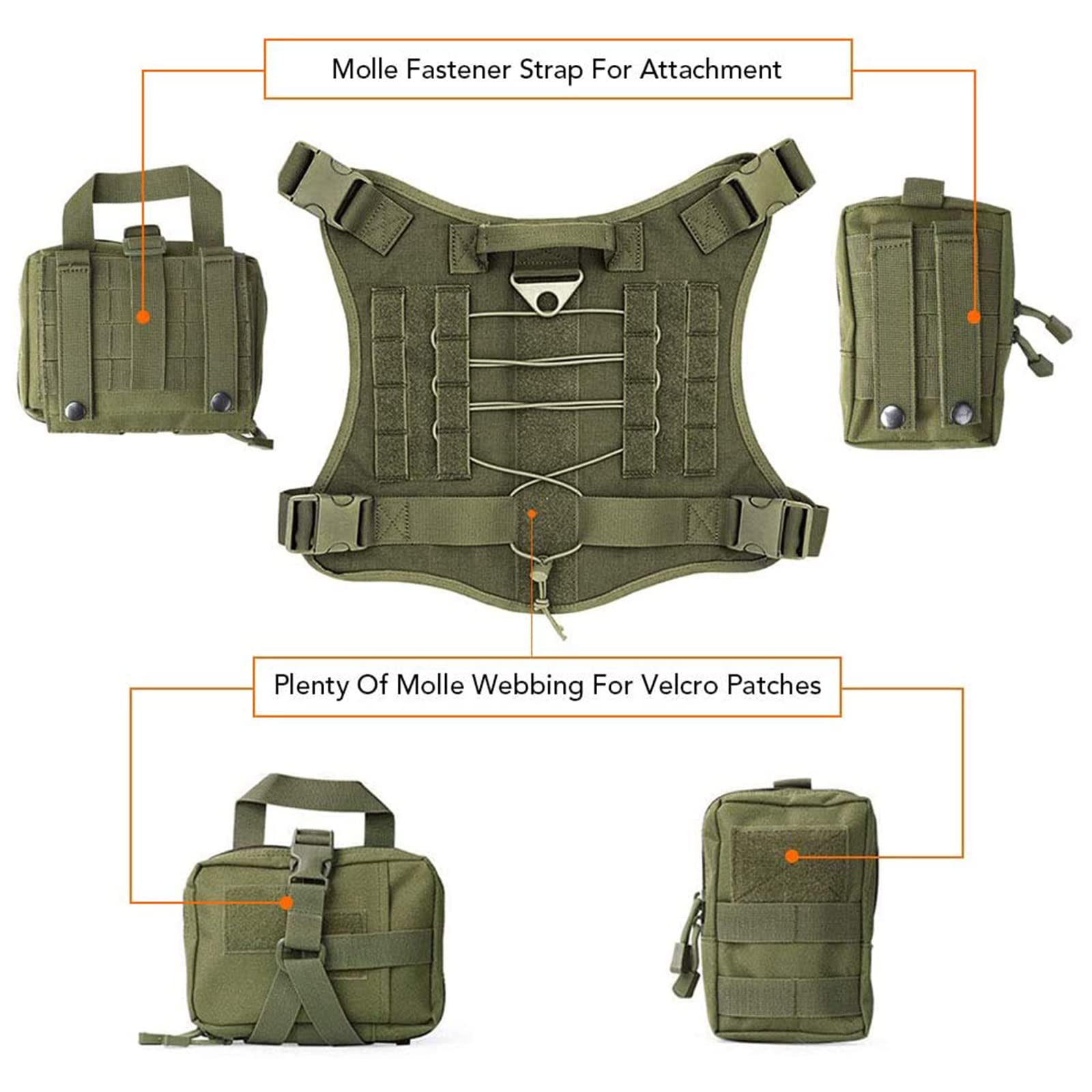 Pettorina Militare Tattico Per Cani,Pettorina Tattica Media E Grande Per Cani, Imbracatura Per Cani Regolabile Traspirante Con Borsa Molle Per L'addestramento E L'escursionismo Del Cane,Verde,XL