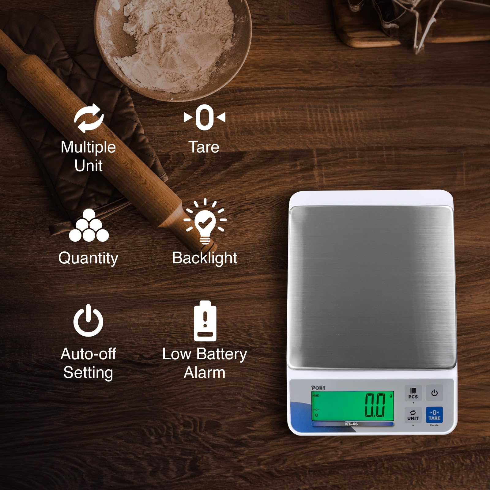 Polit Báscula digital de cocina KT-66, 30lb/13Kg, peso gramo onza 1g/0.03oz precisión, acero inoxidable premium con pantalla LED, 5 unidades para hornear y cocinar (adaptador de corriente incluido)