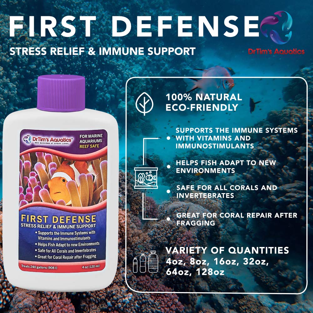 DrTim's Aquatics Reef First Defense Fish Stress Relief and Immune Support – For Reef, Nano, Sea Horse Fish Tanks, Aquariums – Revitalizes Natural Coat – Detoxifies Heavy Metals, Repairs Wounds – 8 Oz.