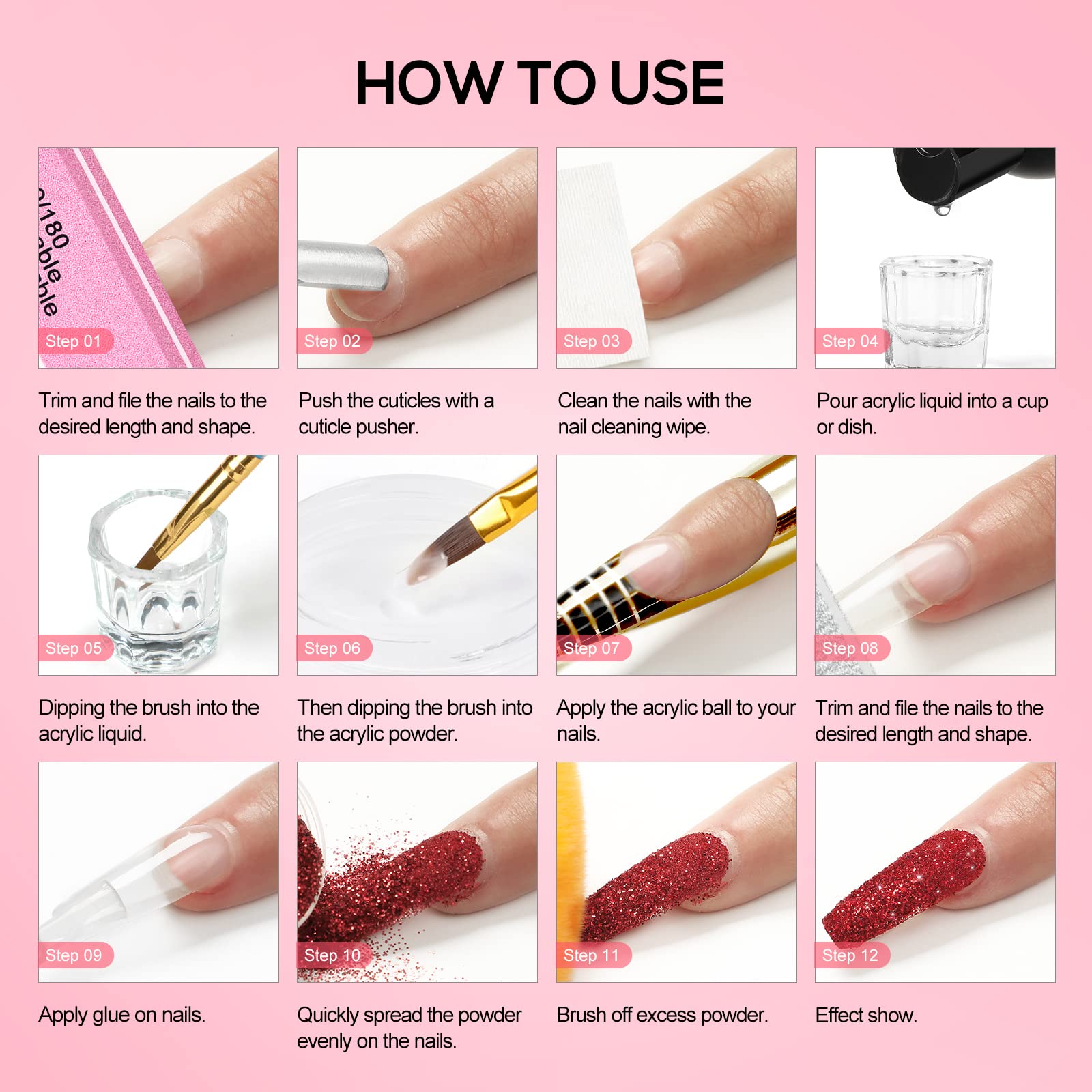COSCELIA Kit Uñas Acrilicas,Acrilico Para Uñas Profesional Con 120ml Monómero y 3 Colores Acrilico Polvo,36W U-V/LED Lámpara,Adecuado para Principiantes Expertos,8ml Uñas de Gel Top Coat Manicure Set