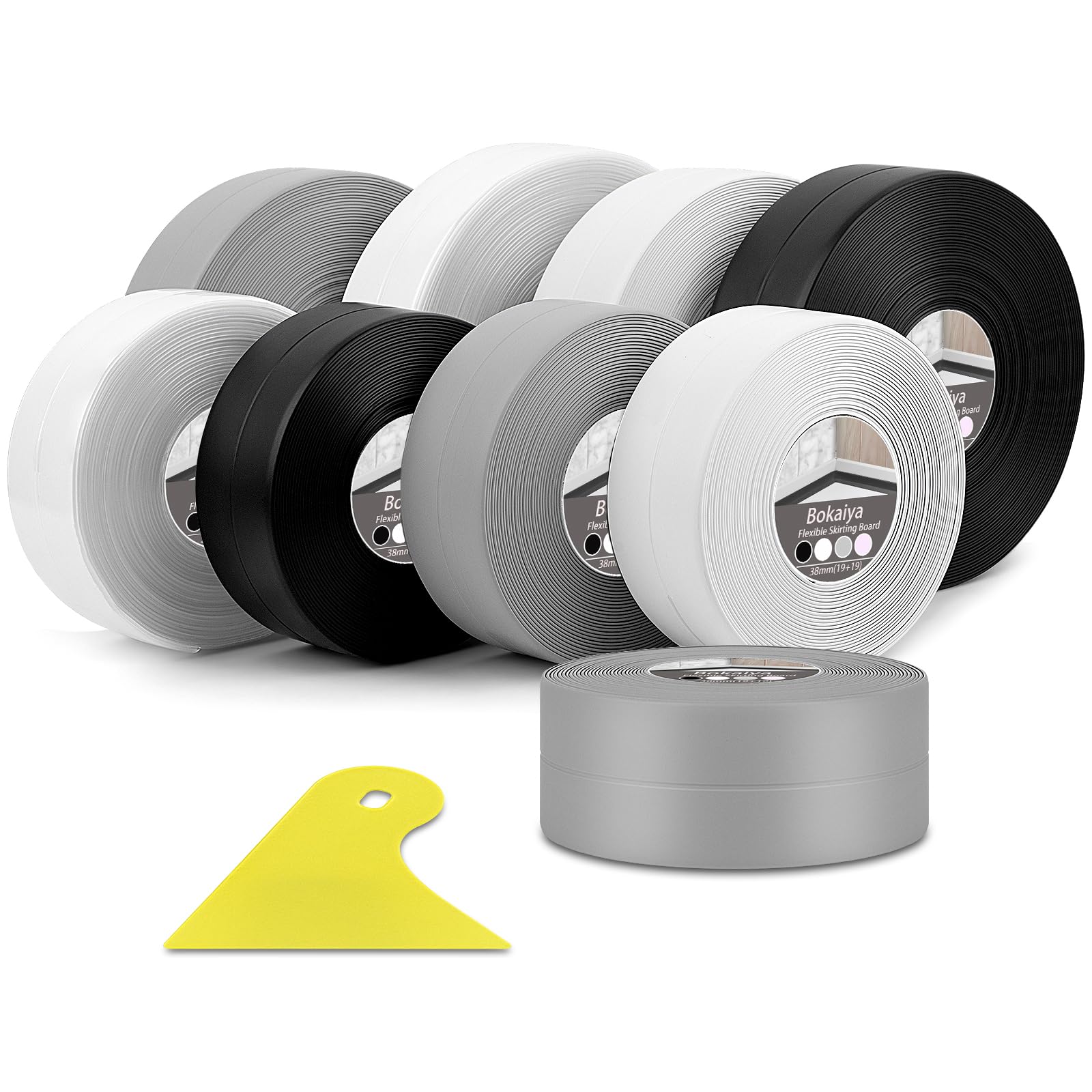 Bokaiya Bath Sealant Strip, 11m/36 ft, Self-Adhesive Caulk Strip Sealant Tape, Anti Mould Waterproof Sealing Tape for Kitchen, Bathroom, Toilet, Wall Corner and Sink, with Scraper, Grey